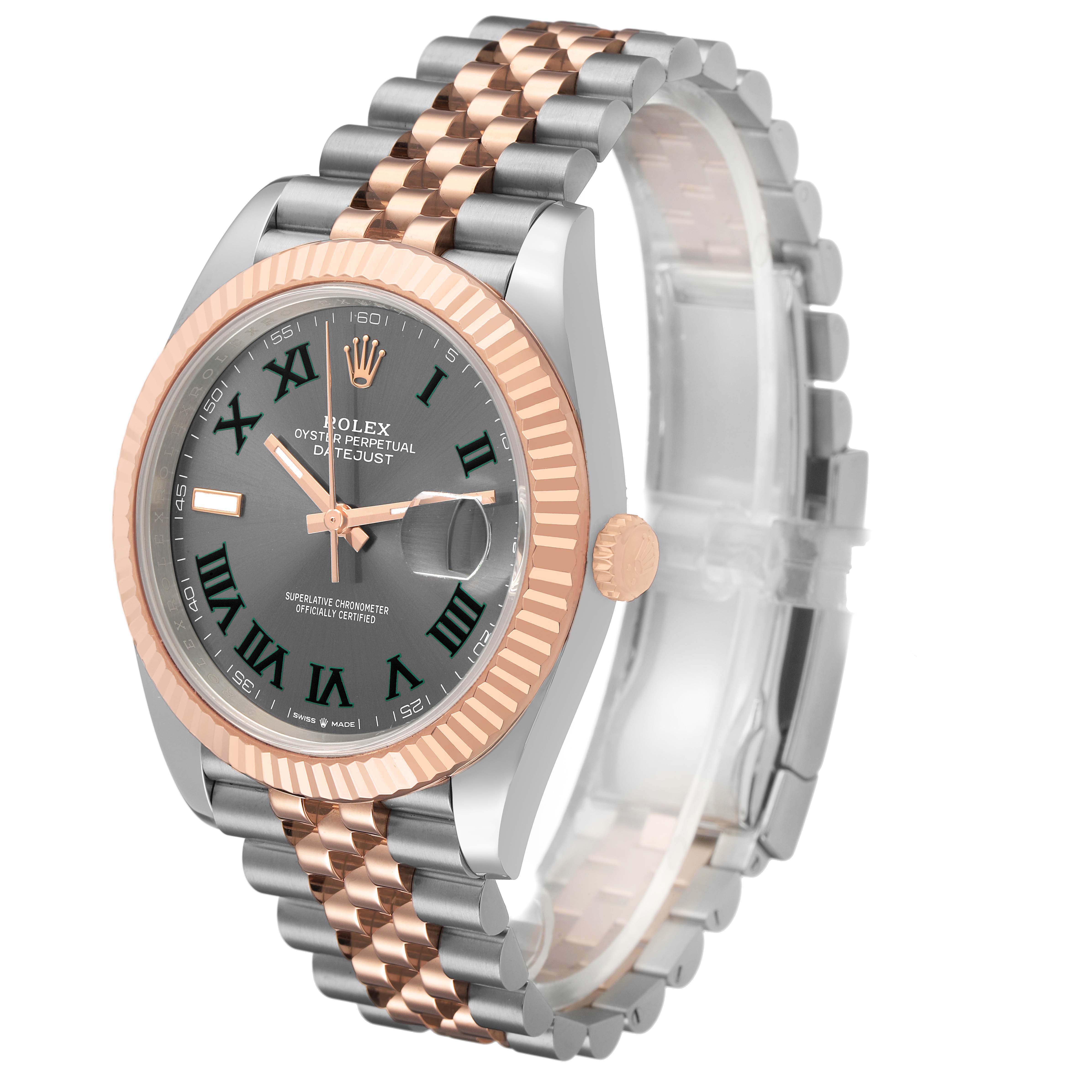 The Rolex Datejust 41 126331 Men's Steel and Gold (two tone) Grey Dial is shown at a three-quarter angle, displaying the face, bezel, and bracelet prominently.