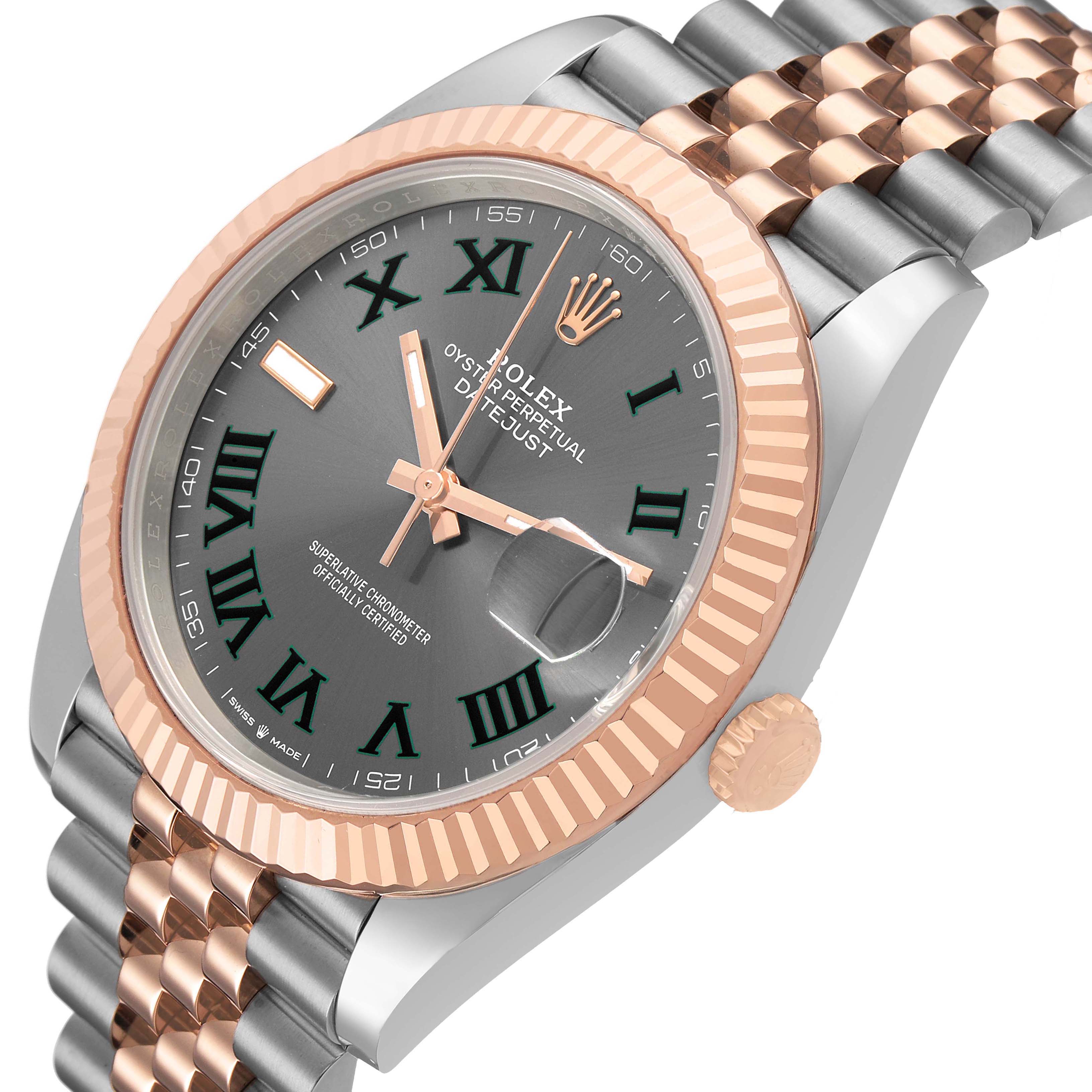 The Rolex Datejust 41 126331 Men's Steel and Gold (two tone) Grey Dial is shown at an angled view, highlighting the dial, bezel, crown, and bracelet.