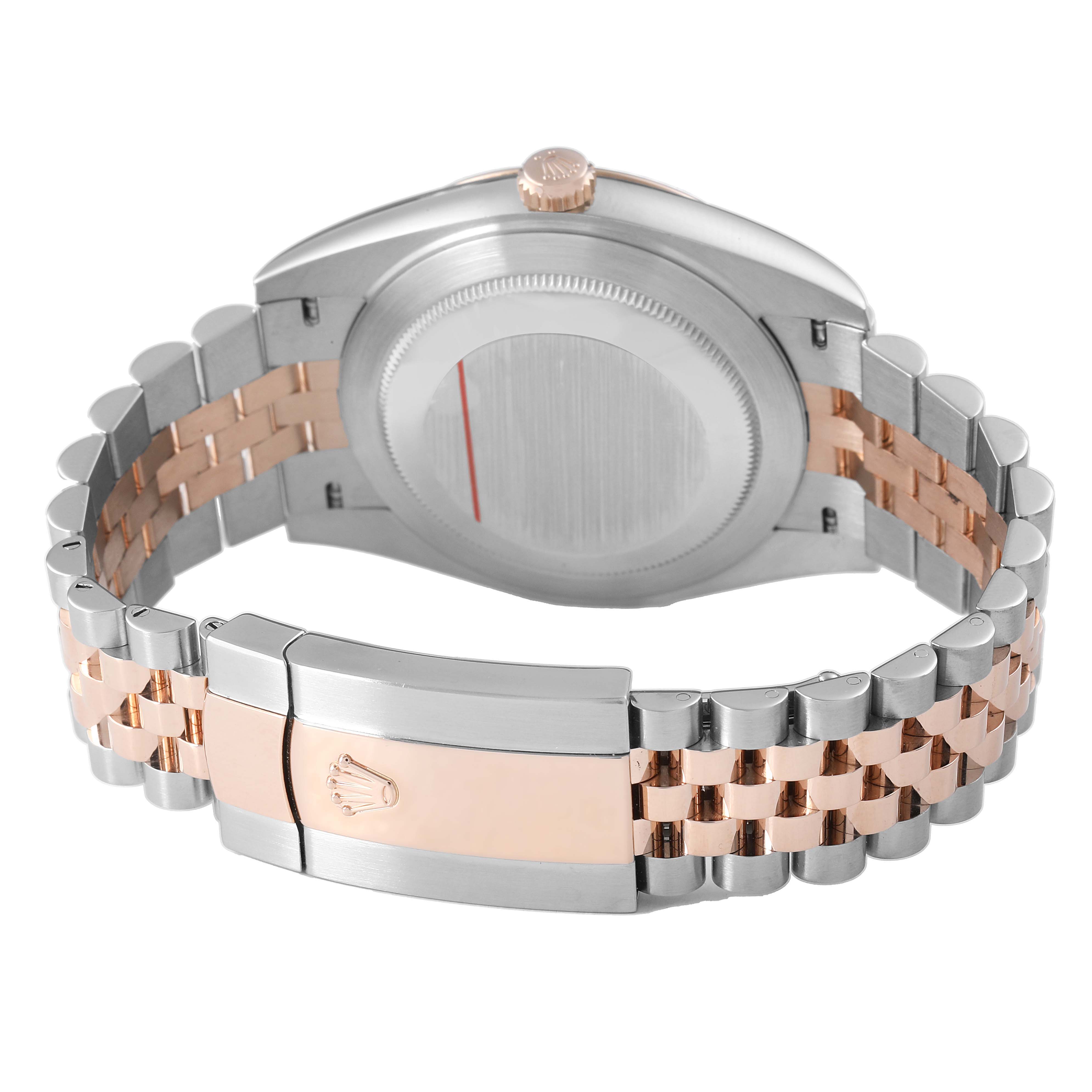 The image shows the Rolex Datejust 41 126331 Men's Steel and Gold (two tone) Grey Dial from a rear angle, highlighting the case back, crown, and jubilee bracelet clasp.