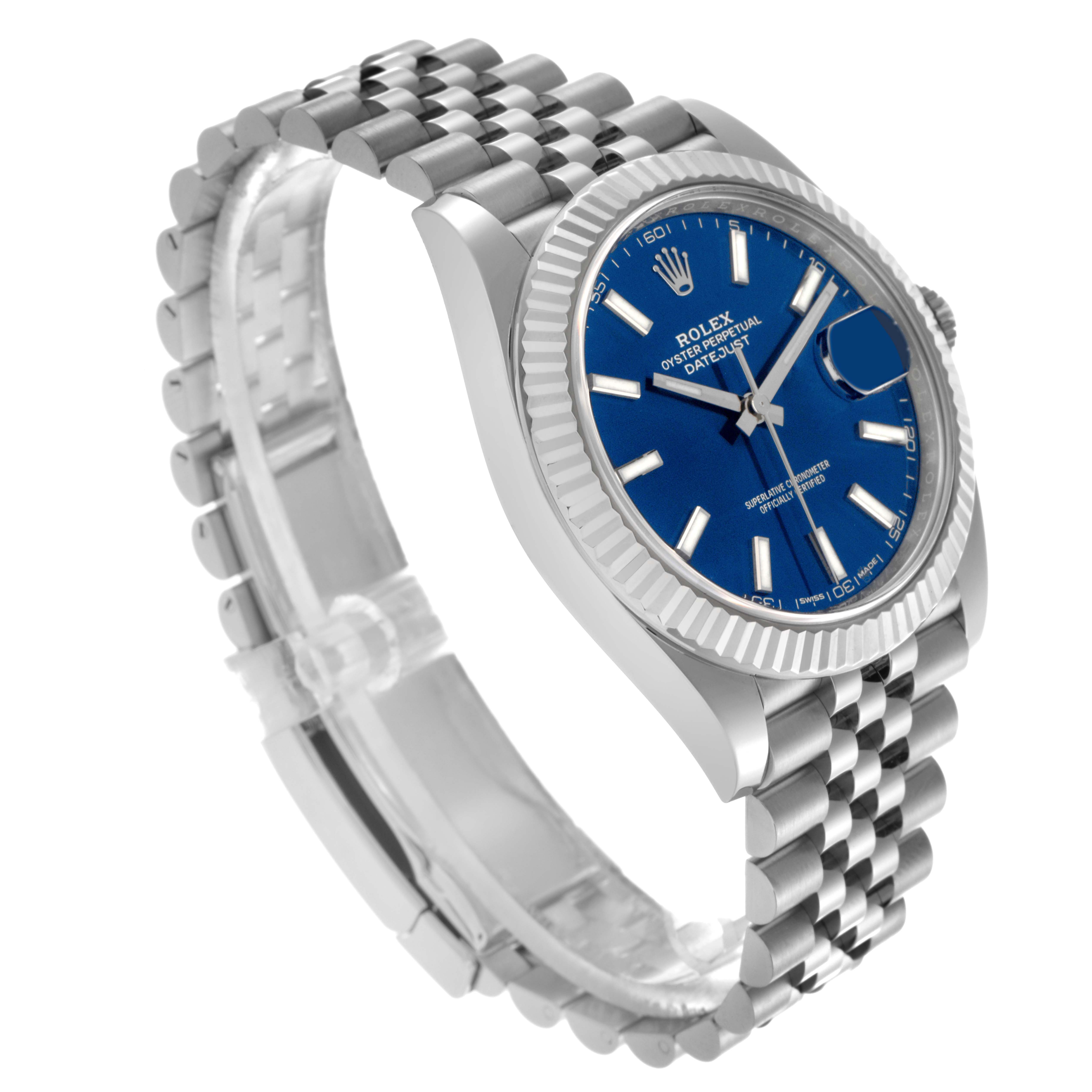 The Rolex Datejust 41 126334 Men's Stainless Steel Blue Dial 126334 Men's Stainless Steel Blue Dial is shown at an angled side view, displaying the bracelet, bezel, and blue dial with markers.