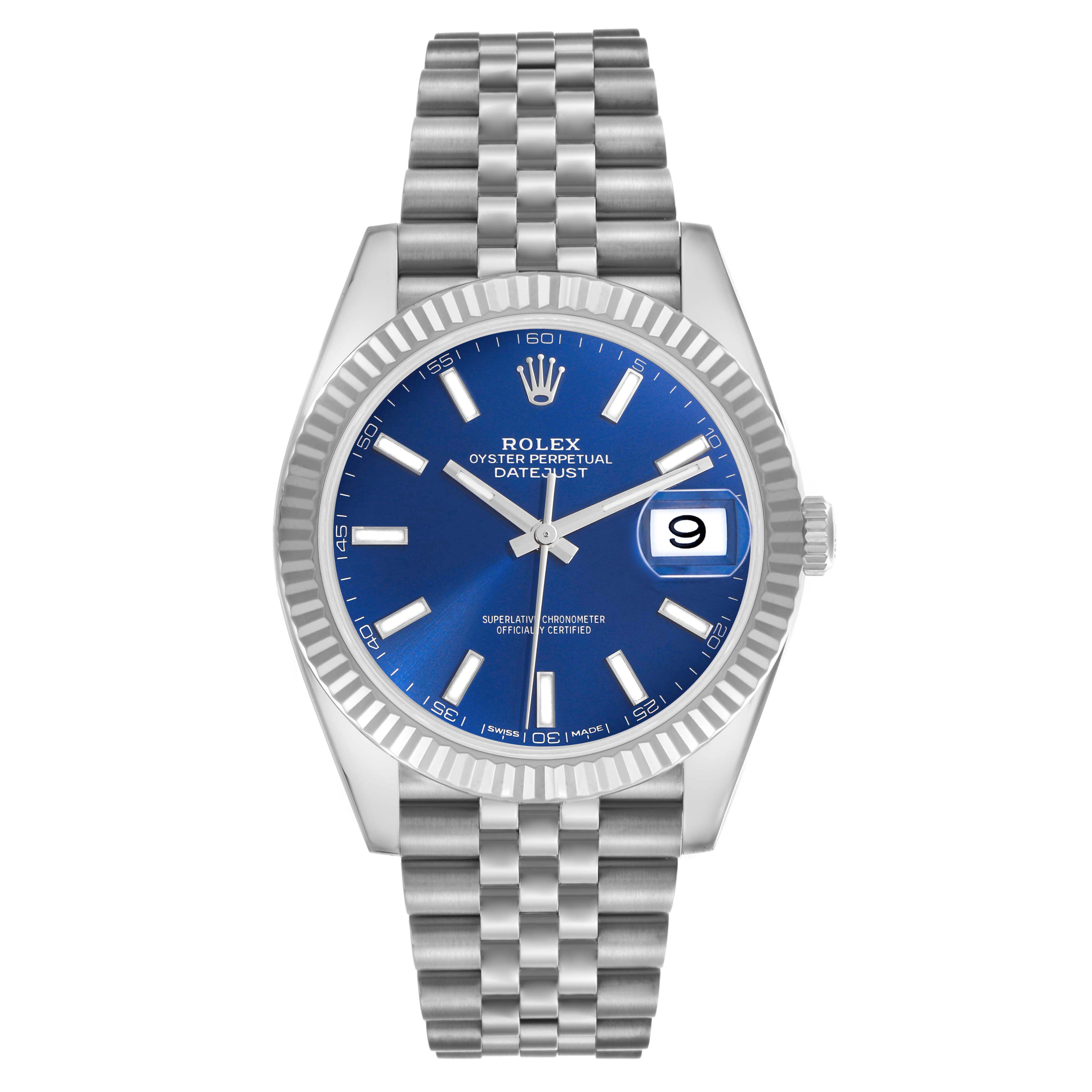 The Rolex Datejust 41 126334 Men's Stainless Steel Blue Dial 126334 Men's Stainless Steel Blue Dial watch is shown from a front angle, highlighting the dial, hands, date, bezel, and bracelet.