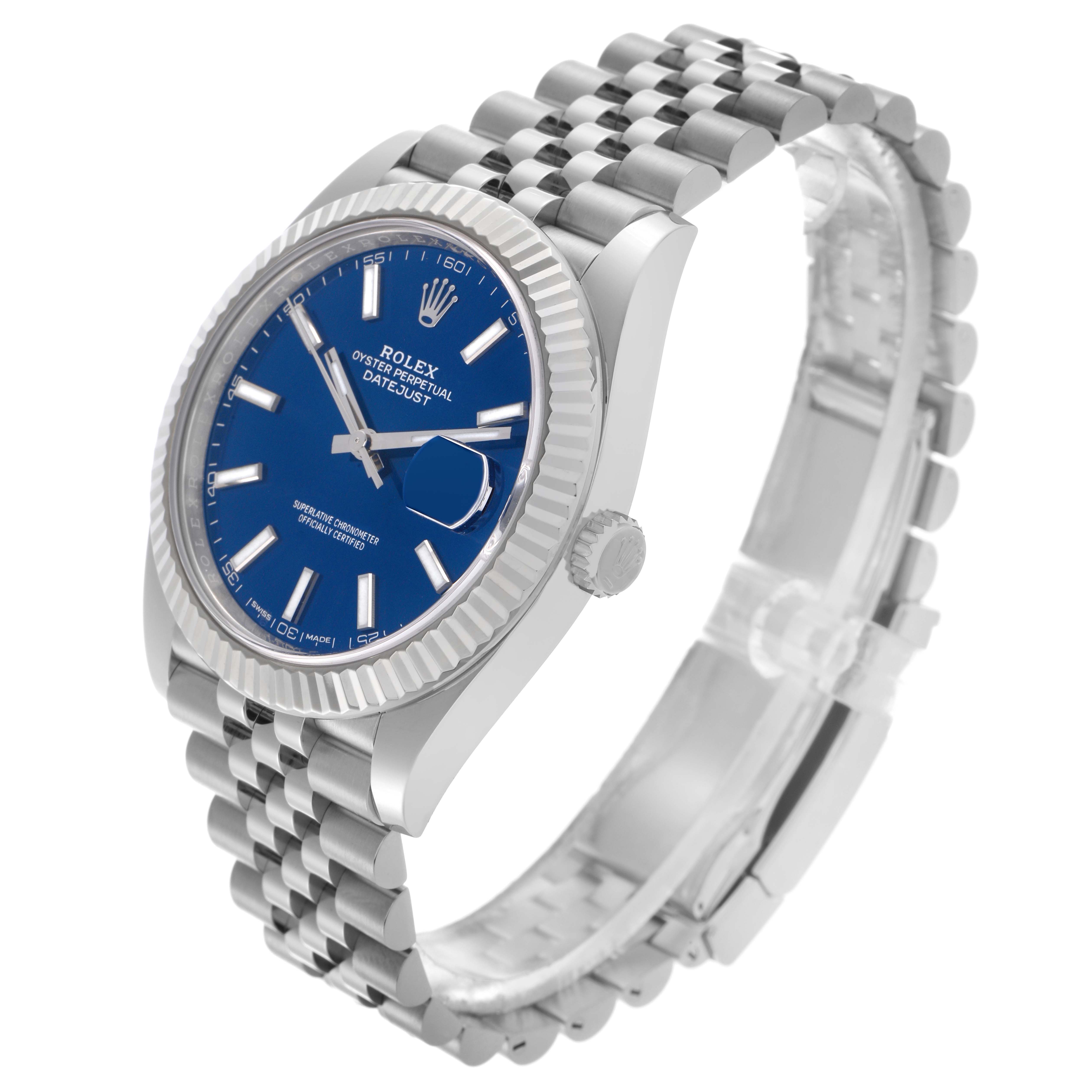 The Rolex Datejust 41 126334 Men's Stainless Steel Blue Dial 126334 Men's Stainless Steel Blue Dial is shown at an angle highlighting the blue dial, fluted bezel, crown, and Jubilee bracelet.
