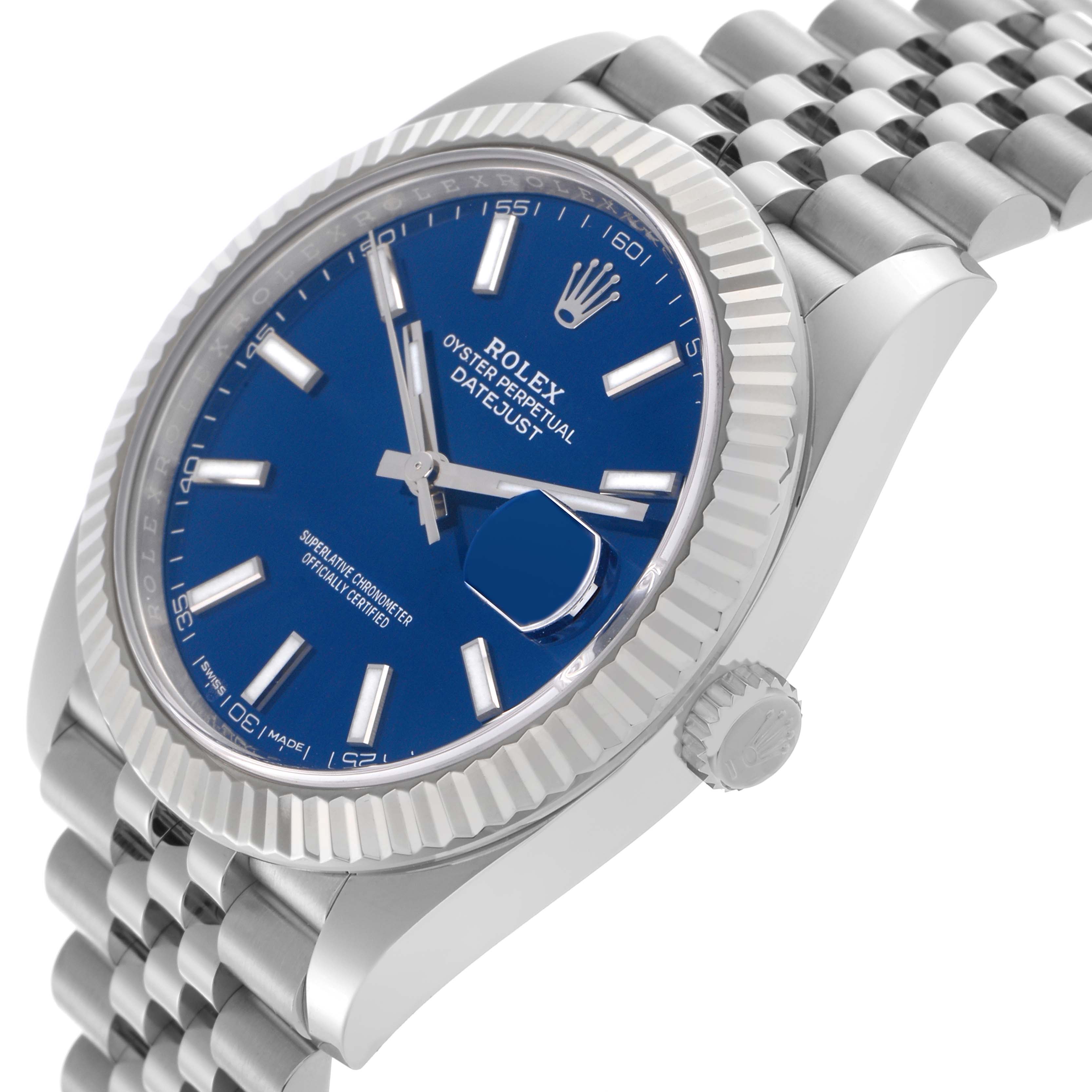 The Rolex Datejust 41 126334 Men's Stainless Steel Blue Dial 126334 Men's Stainless Steel Blue Dial is shown at an angle highlighting the blue dial, fluted bezel, and Jubilee bracelet.