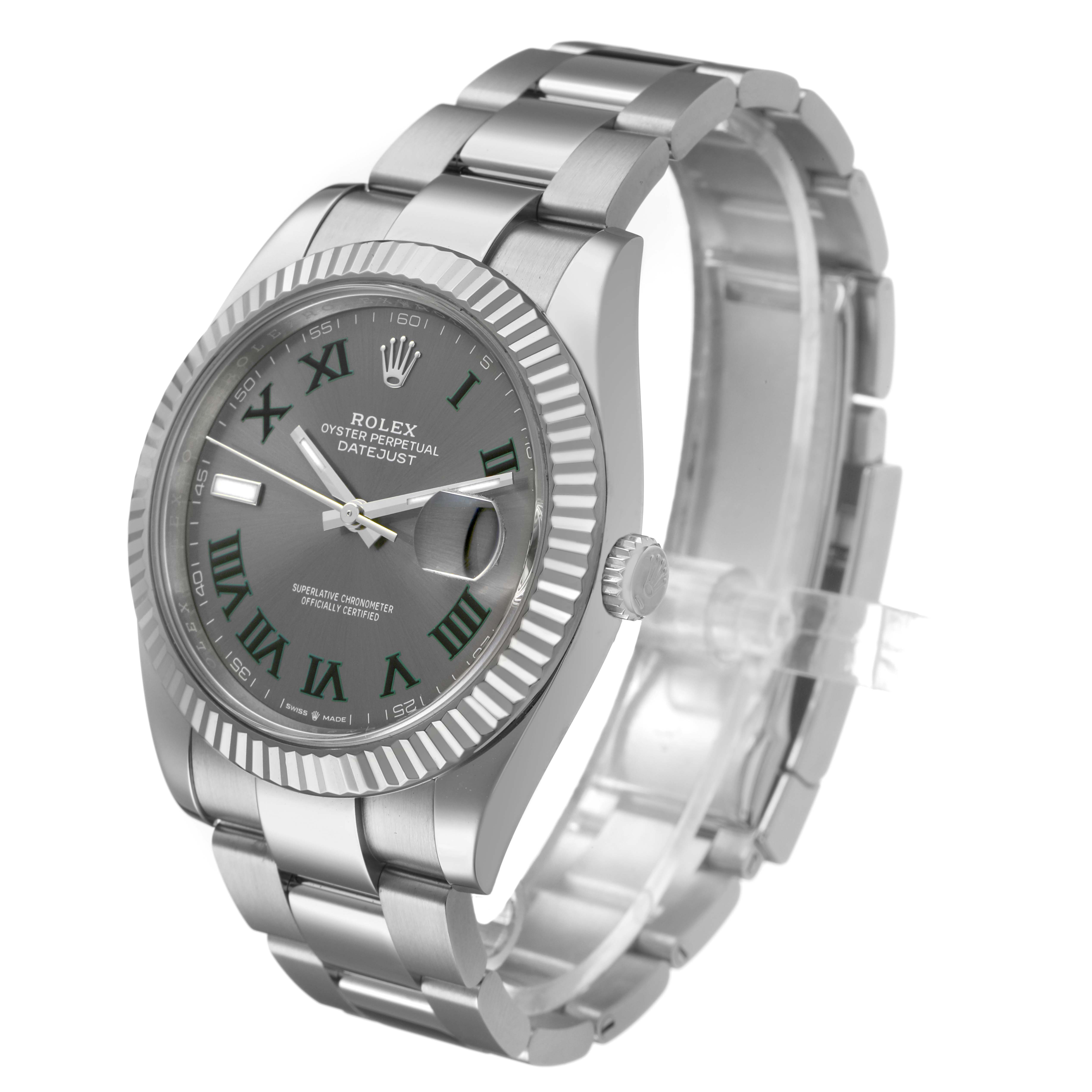 The Rolex Datejust 41 126334 Men's Stainless Steel Grey Dial is shown at an angled view highlighting the dial, bezel, bracelet, and crown.