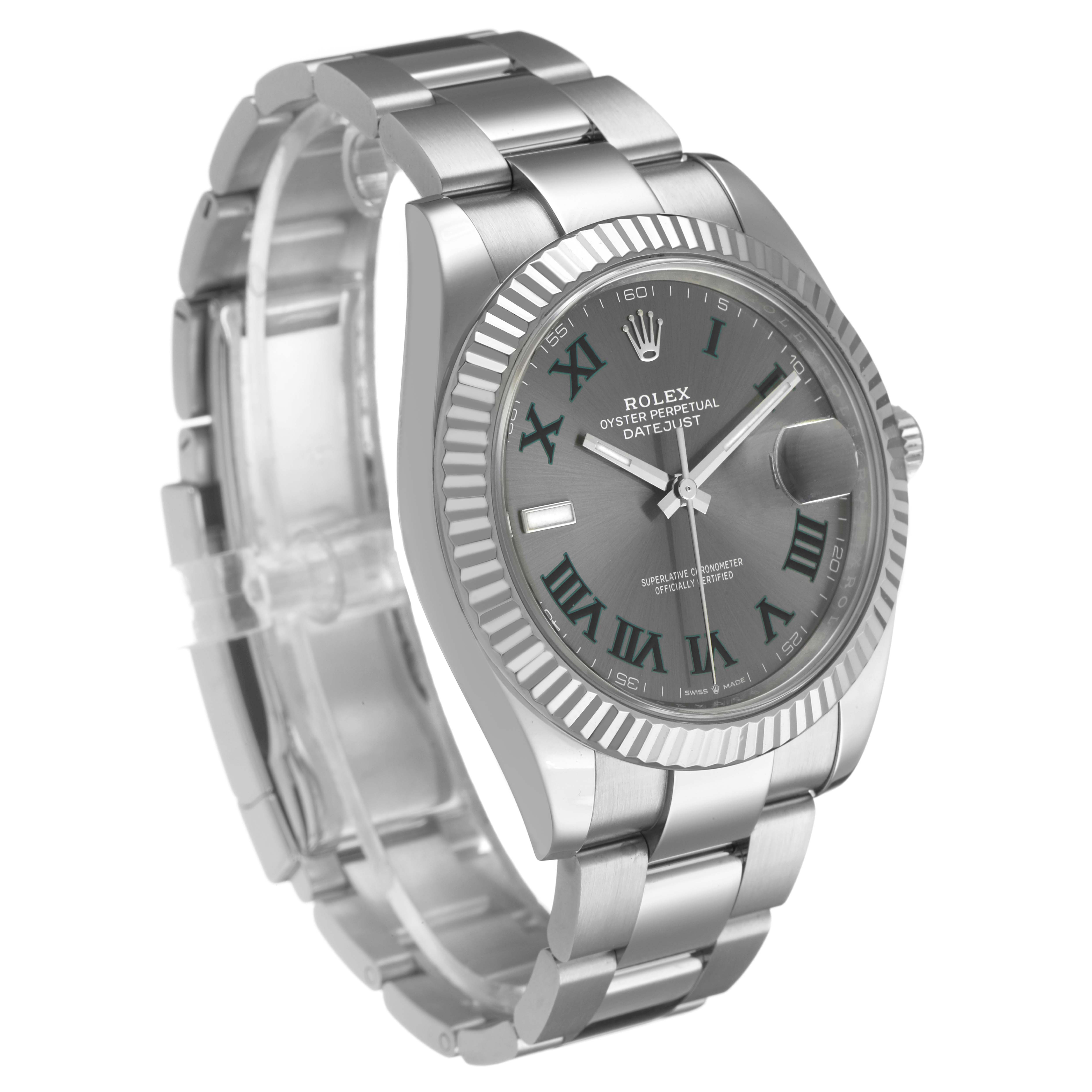 The Rolex Datejust 41 126334 Men's Stainless Steel Grey Dial is shown at a three-quarter angle, highlighting the bezel, dial, bracelet, and crown.