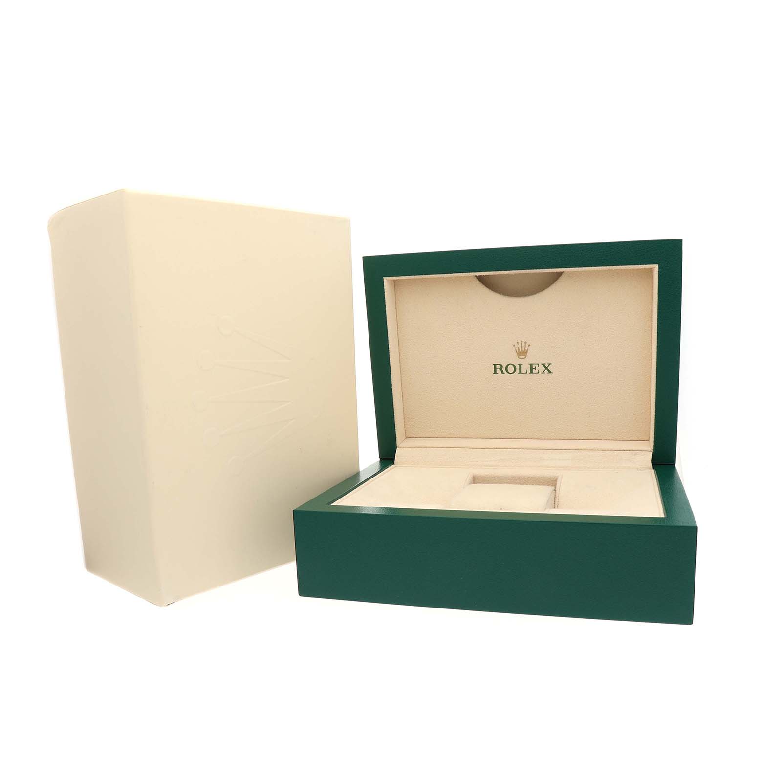 The image shows the packaging for a Rolex Datejust 41 126334 Men's Stainless Steel Grey Dial, including an open green box and an outer beige box.