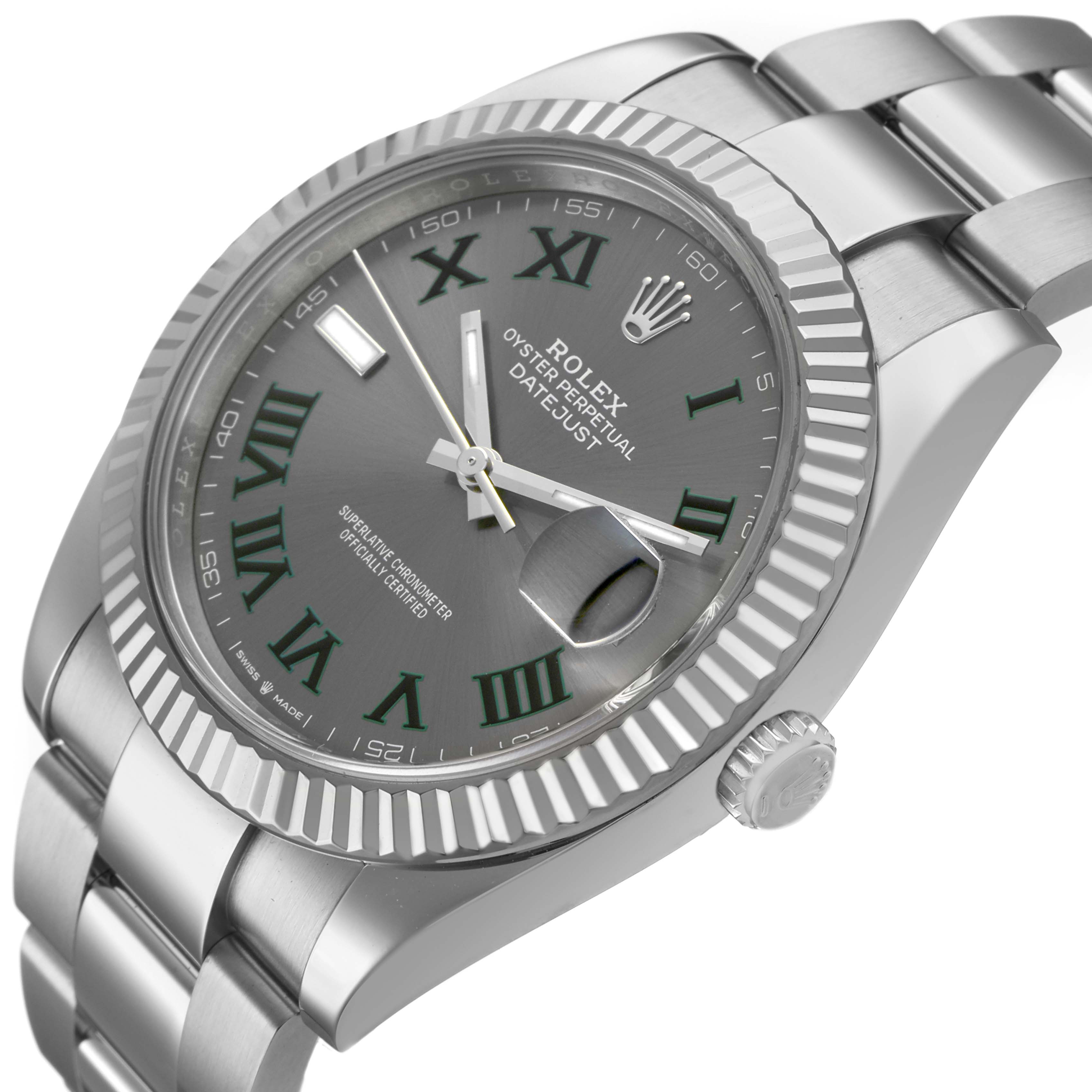 The Rolex Datejust 41 126334 Men's Stainless Steel Grey Dial is shown at an angle highlighting the grey dial, Roman numerals, fluted bezel, and bracelet.