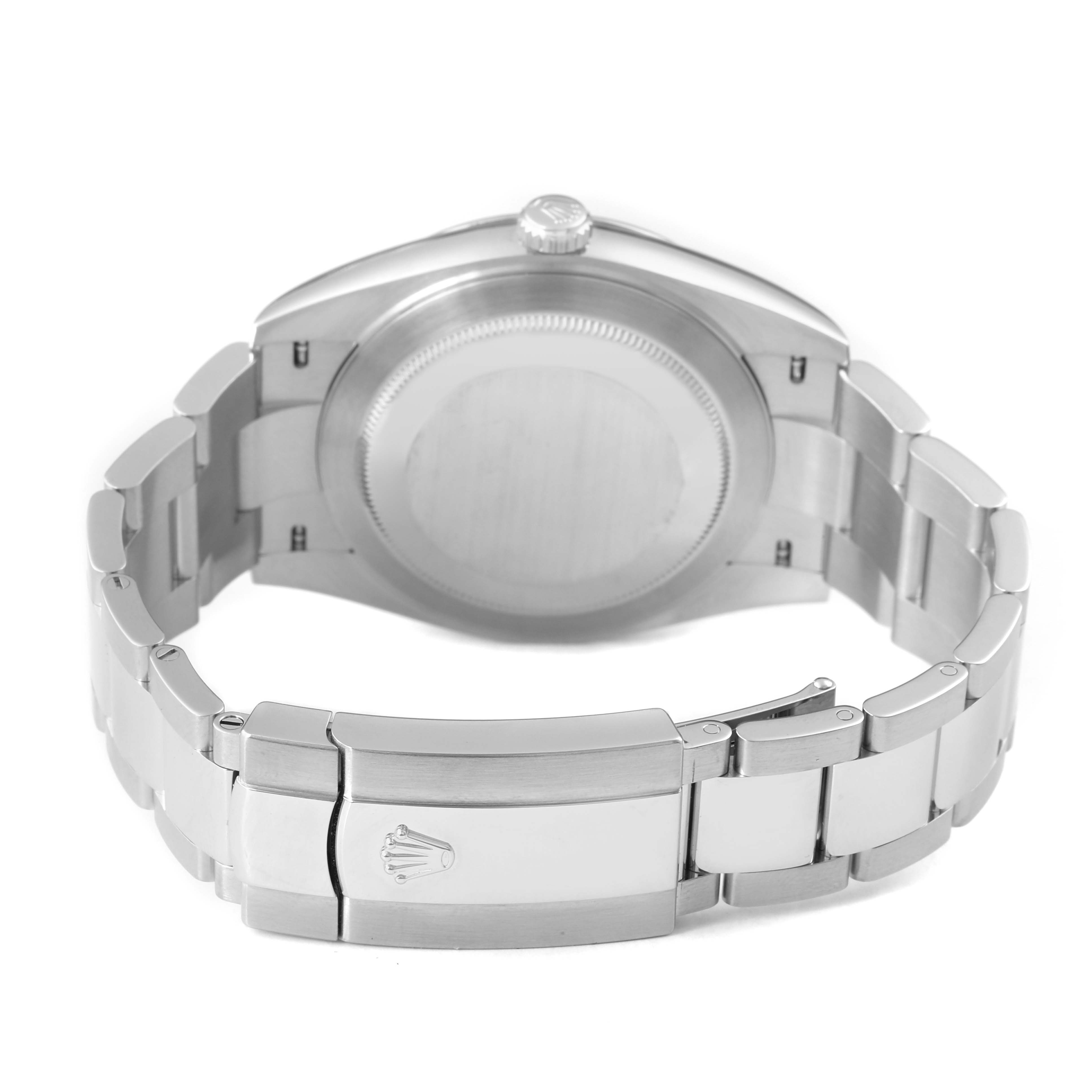 The image shows the back of a Rolex Datejust 41 126334 Men's Stainless Steel Grey Dial, highlighting the clasp and bracelet.
