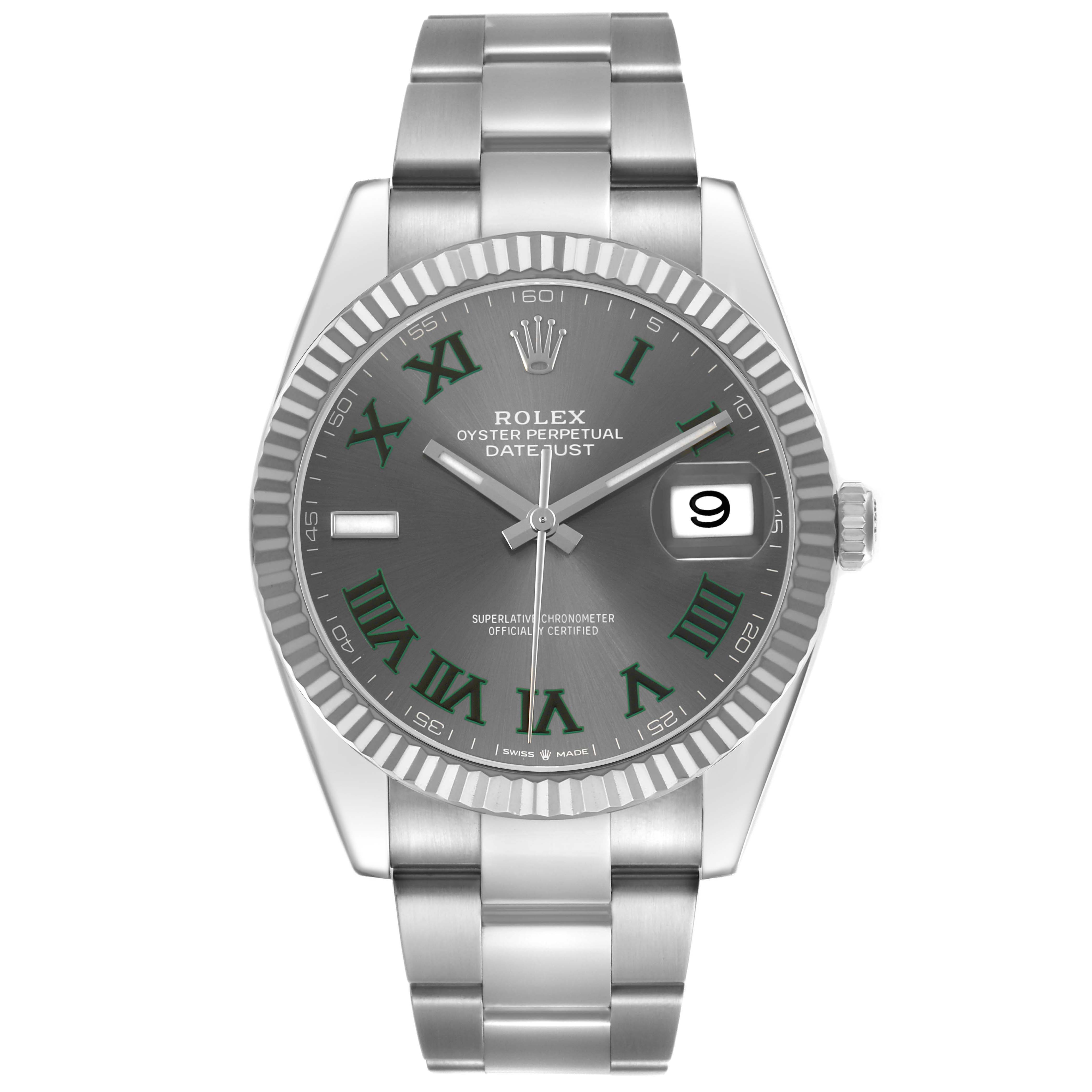 The Rolex Datejust 41 126334 Men's Stainless Steel Grey Dial is shown from the front, highlighting its dial, bezel, and bracelet.