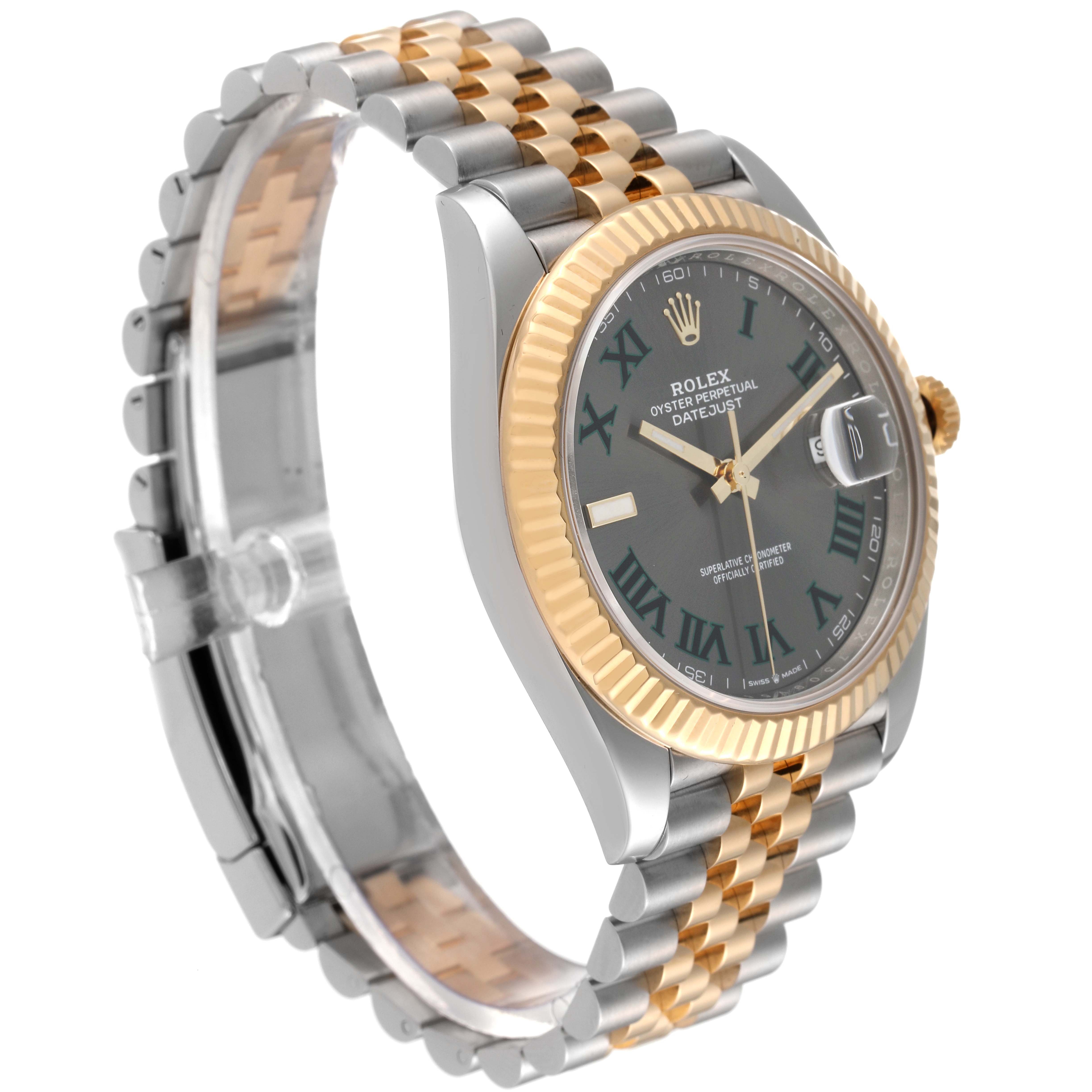 The image shows a side view of the Rolex Datejust 41 126333 Men's Steel and Gold (two tone) Grey Dial 126333 Men's Steel and Gold (two tone) Grey Dial, highlighting its two-tone bracelet, fluted bezel, and Roman numeral dial.