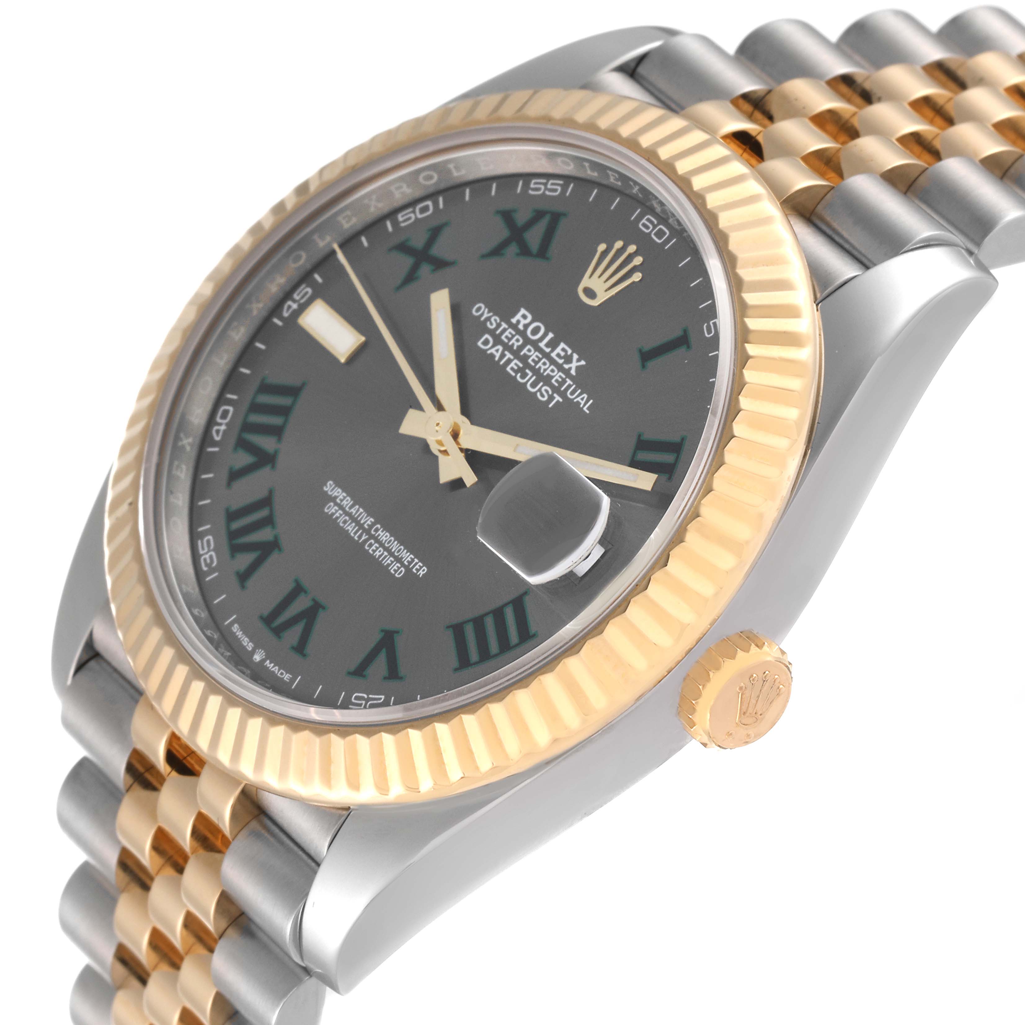 The image shows a side and partial top view of the Rolex Datejust 41 126333 Men's Steel and Gold (two tone) Grey Dial 126333 Men's Steel and Gold (two tone) Grey Dial watch, highlighting its bezel, crown, and bracelet.