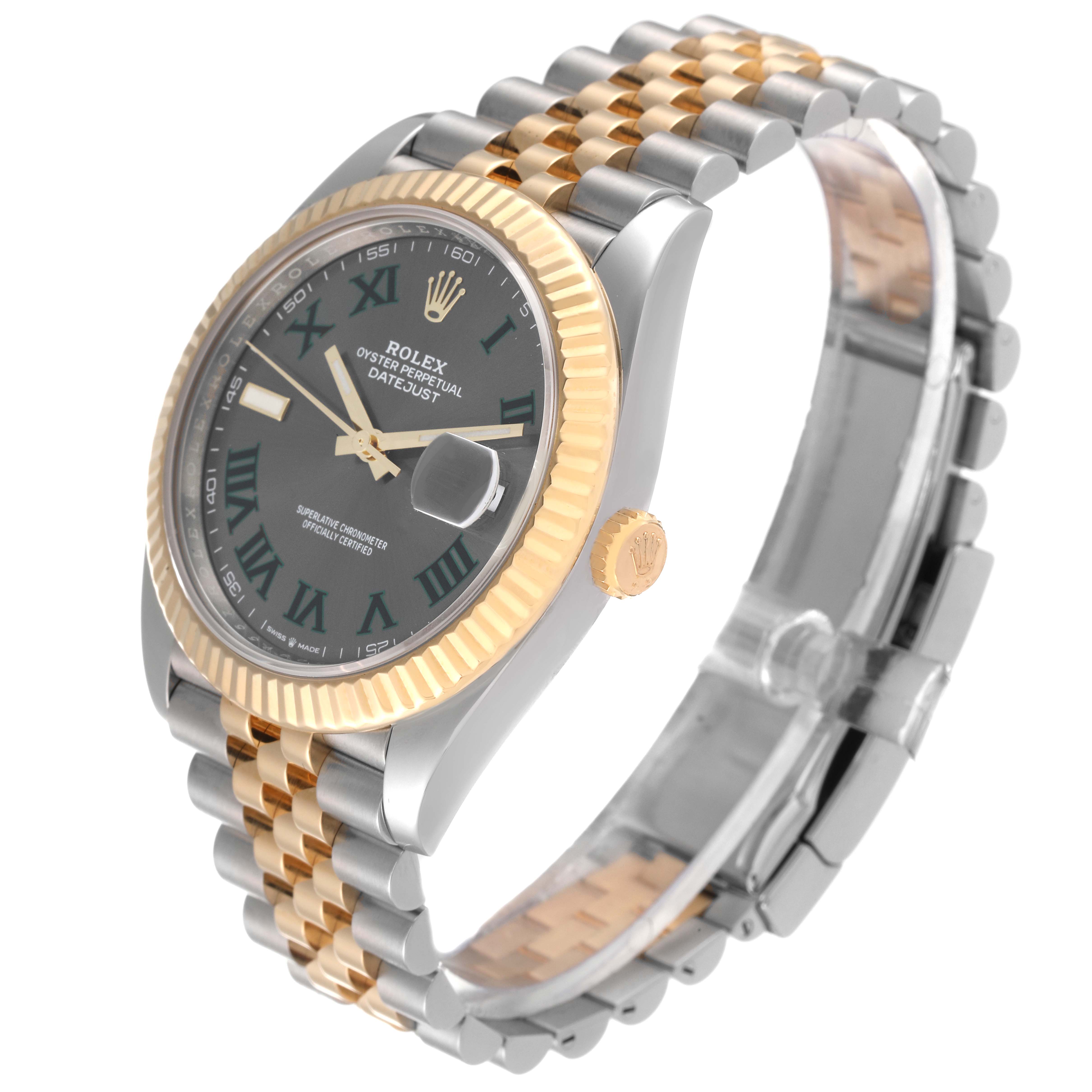 The image shows a side angle of a Rolex Datejust 41 126333 Men's Steel and Gold (two tone) Grey Dial 126333 Men's Steel and Gold (two tone) Grey Dial watch, highlighting the face, bezel, dial, crown, and two-tone bracelet.