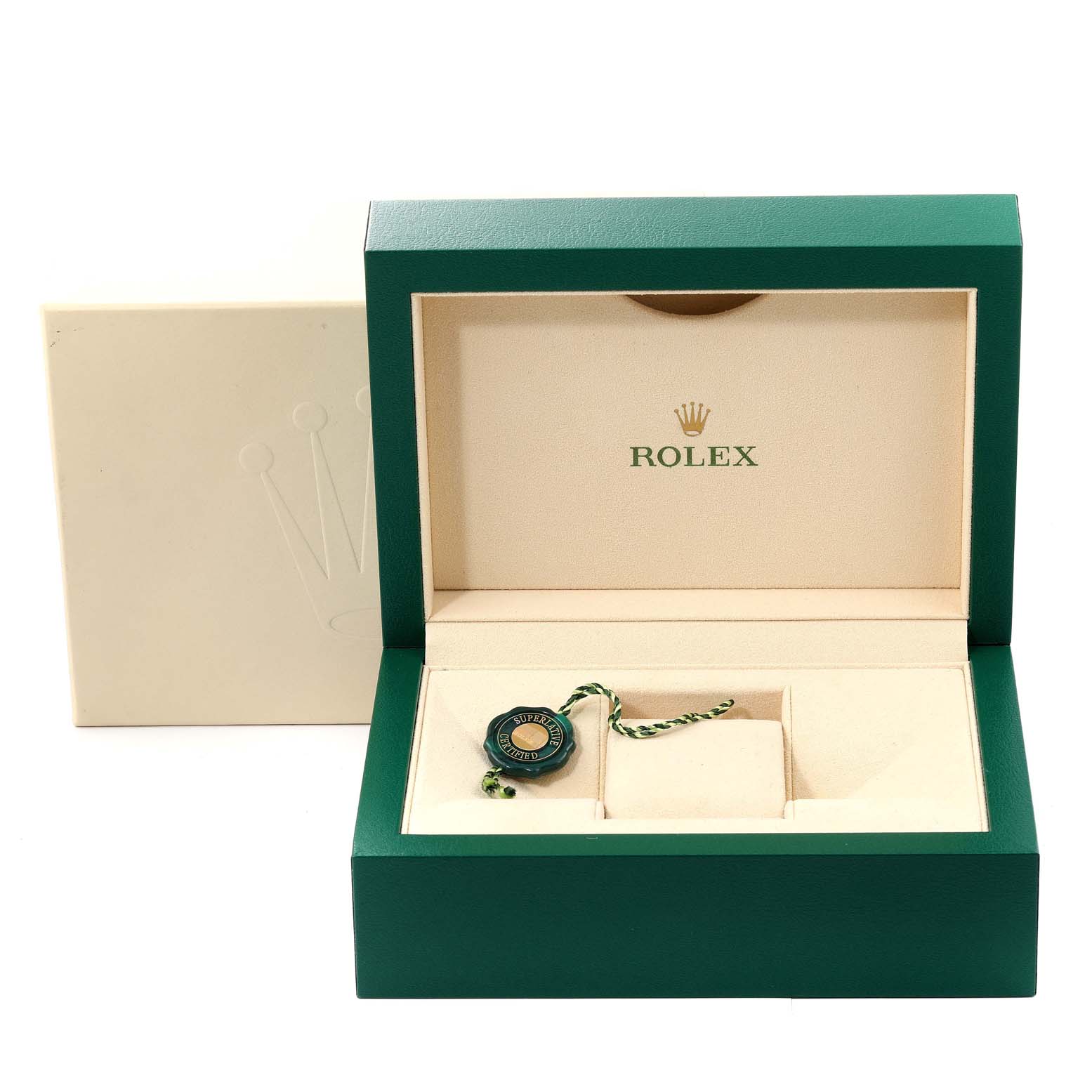 The image shows an empty Rolex watch box and packaging for a Datejust 41 model, with a Rolex tag inside.