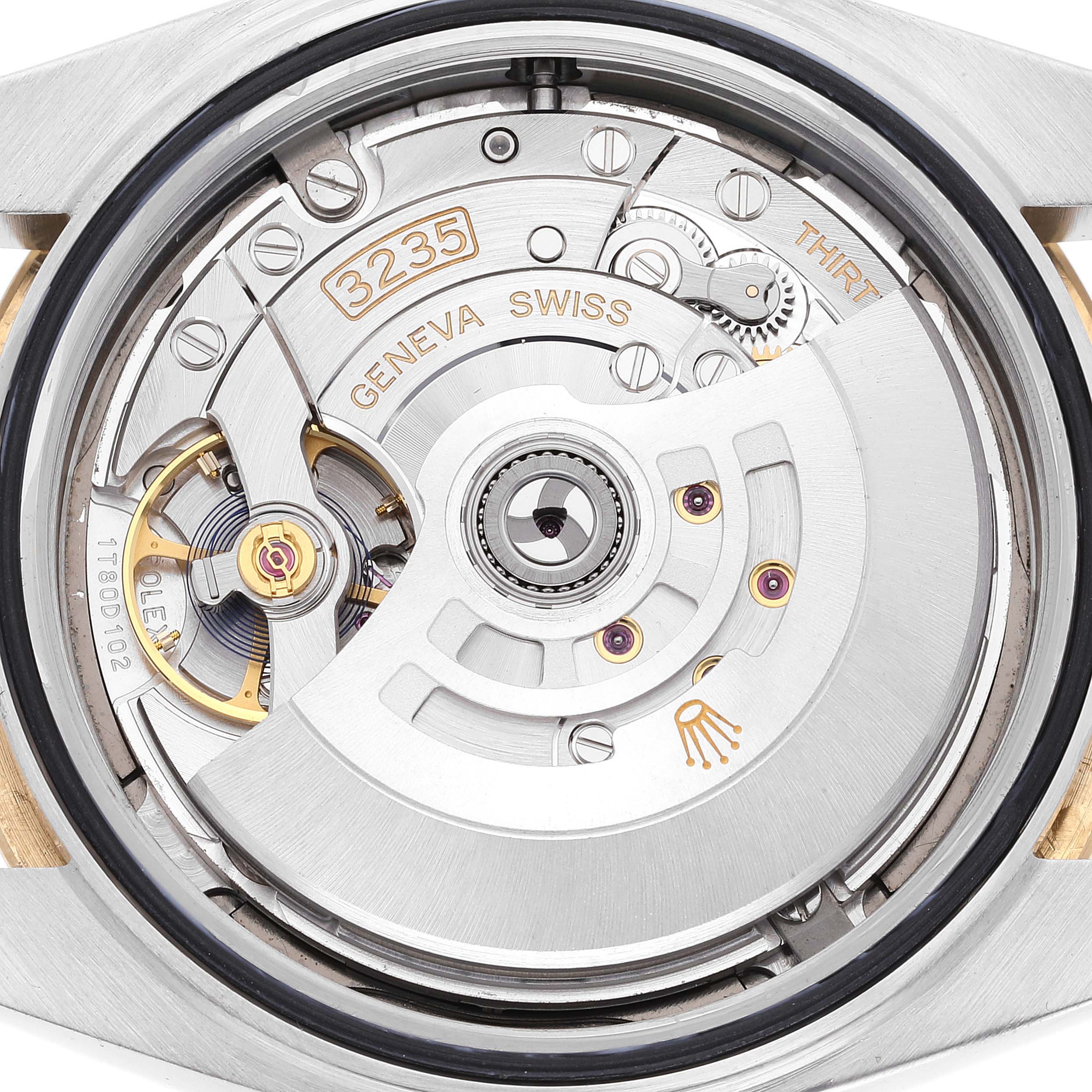 This image shows a close-up view of the movement inside a Rolex Datejust 41 126333 Men's Steel and Gold (two tone) Grey Dial 126333 Men's Steel and Gold (two tone) Grey Dial watch.