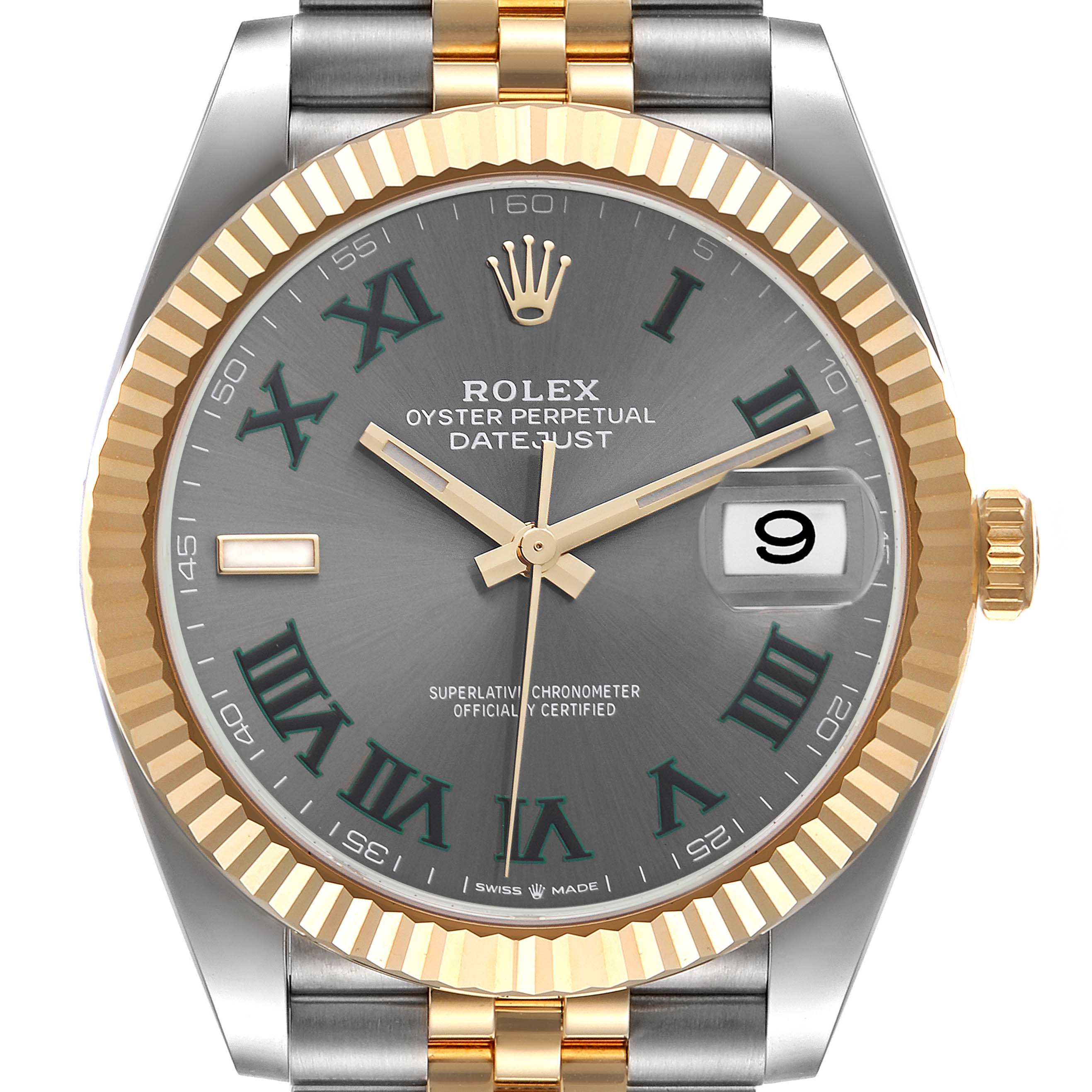 The image shows a front view of the Rolex Datejust 41 126333 Men's Steel and Gold (two tone) Grey Dial 126333 Men's Steel and Gold (two tone) Grey Dial watch, highlighting its dial, hands, date, bezel, and part of the bracelet.