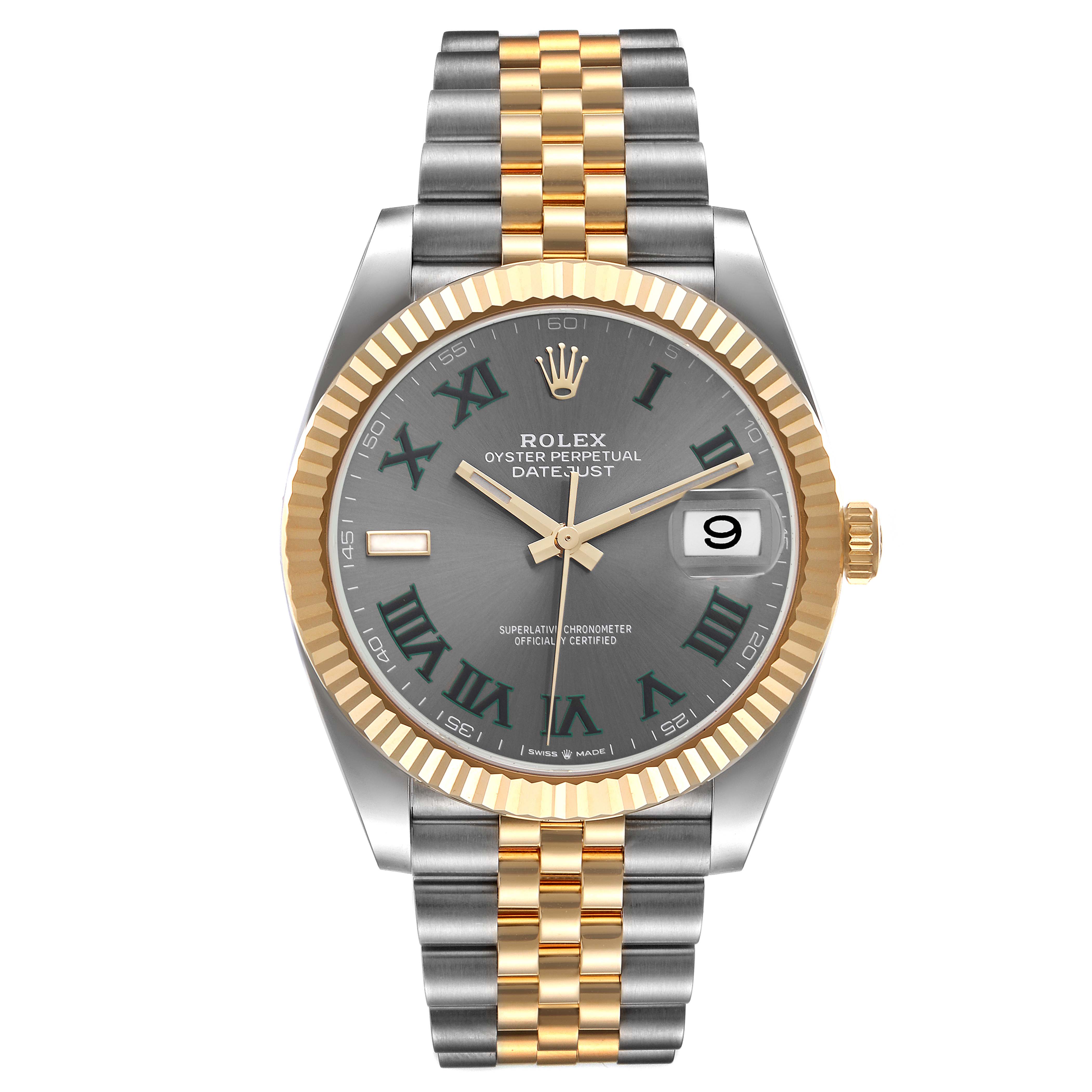 The image shows a Rolex Datejust 41 126333 Men's Steel and Gold (two tone) Grey Dial 126333 Men's Steel and Gold (two tone) Grey Dial watch from a front angle, highlighting the dial, bezel, and bracelet.