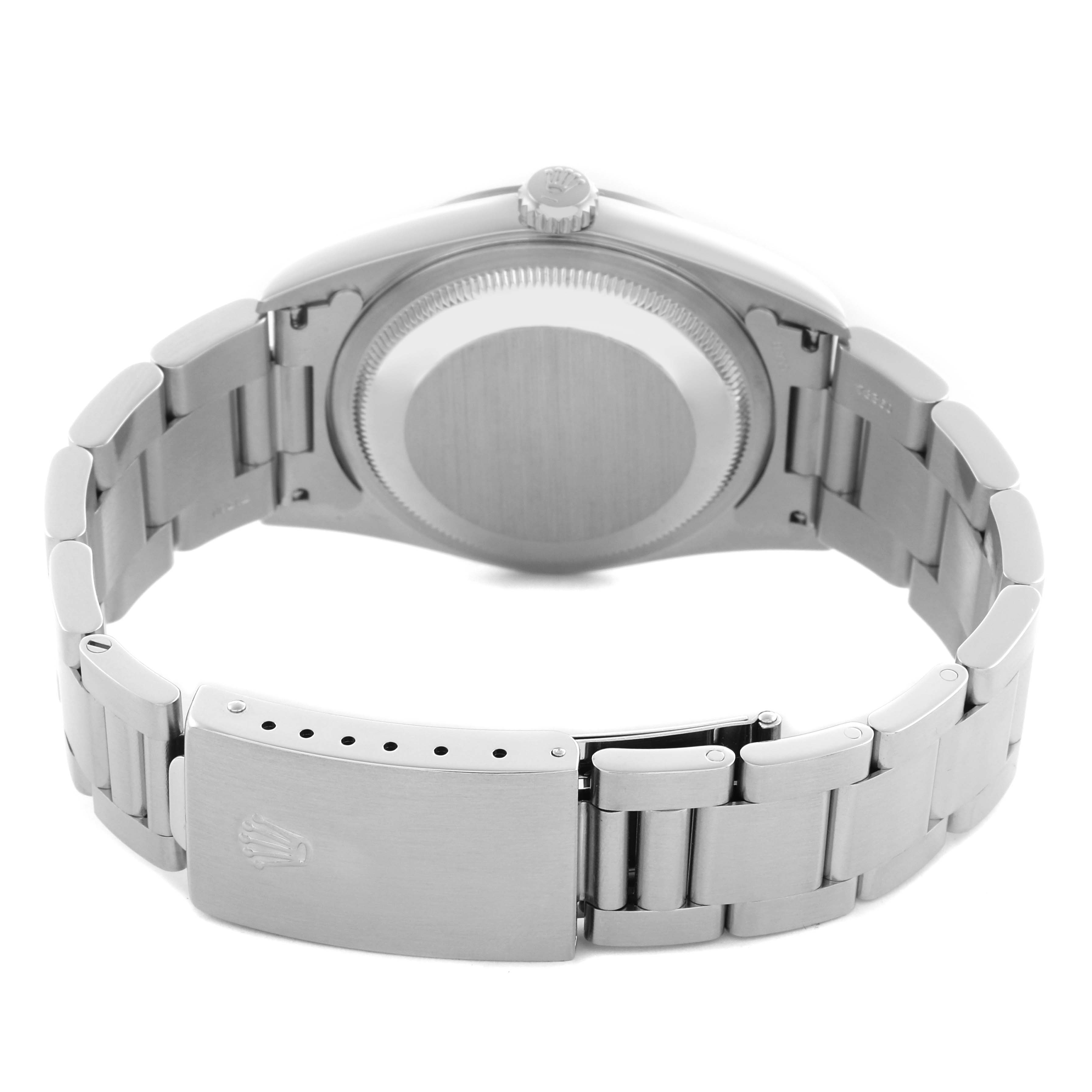 The image shows the back view of a Rolex Datejust 16200 Men
s Stainless Steel Blue Dial 16200 Men
s Stainless Steel Blue Dial, highlighting its closed clasp, bracelet, and case back.