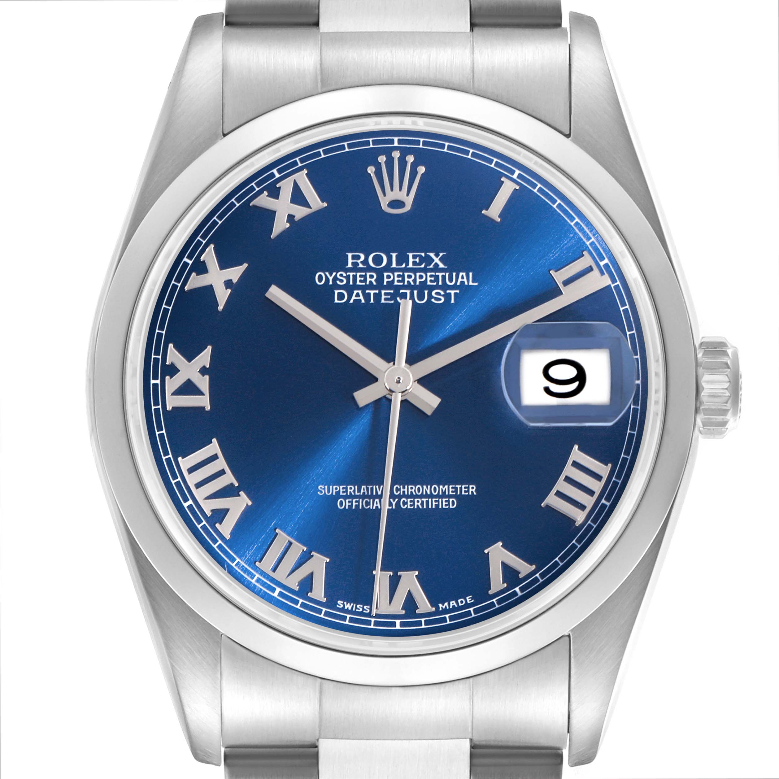 The Rolex Datejust 16200 Men
s Stainless Steel Blue Dial 16200 Men
s Stainless Steel Blue Dial watch is shown from the front, displaying its blue dial, Roman numerals, and date window.