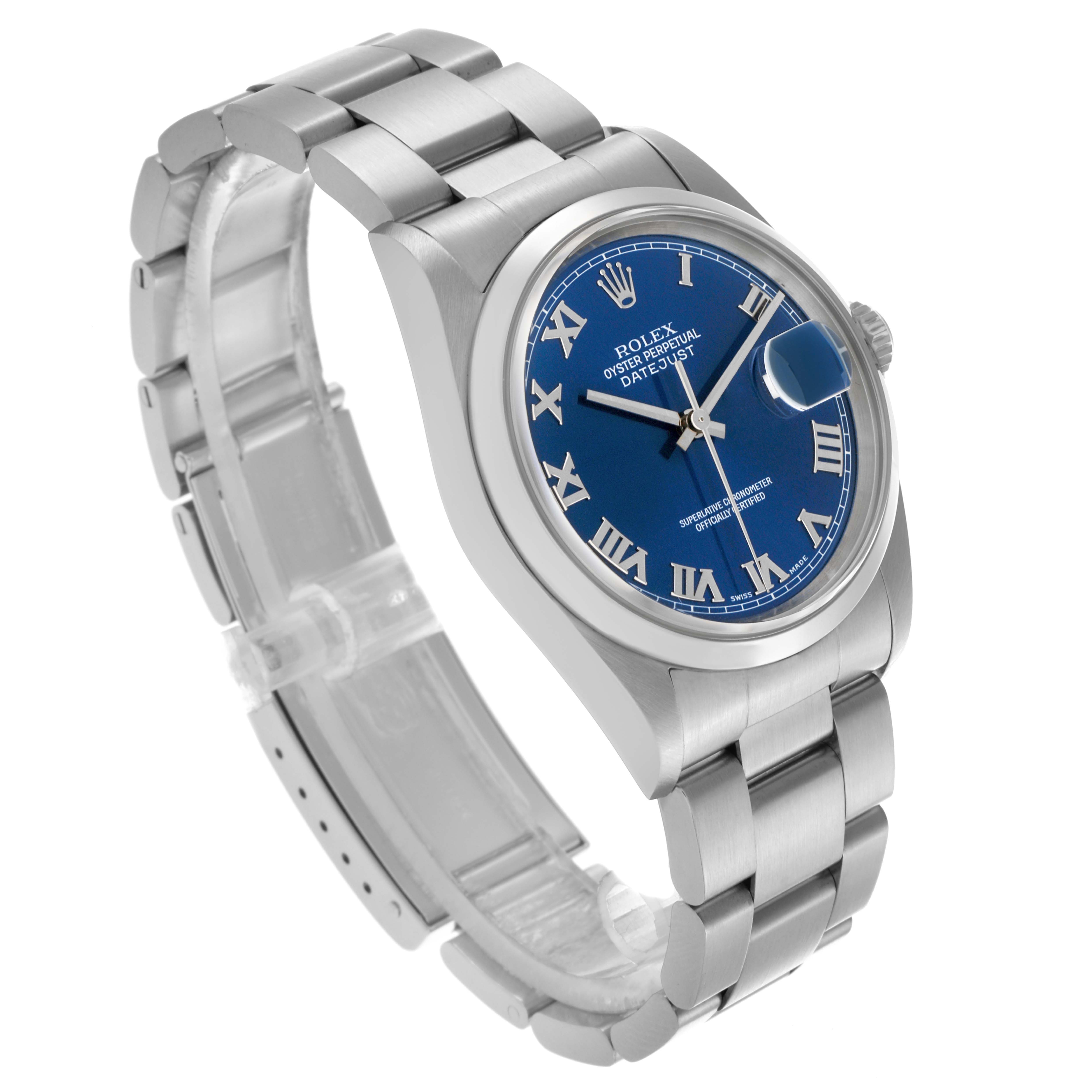 The watch is angled to show the face, bezel, and bracelet of the Rolex Datejust 16200 Men
s Stainless Steel Blue Dial 16200 Men
s Stainless Steel Blue Dial model, highlighting its blue Roman numeral dial.