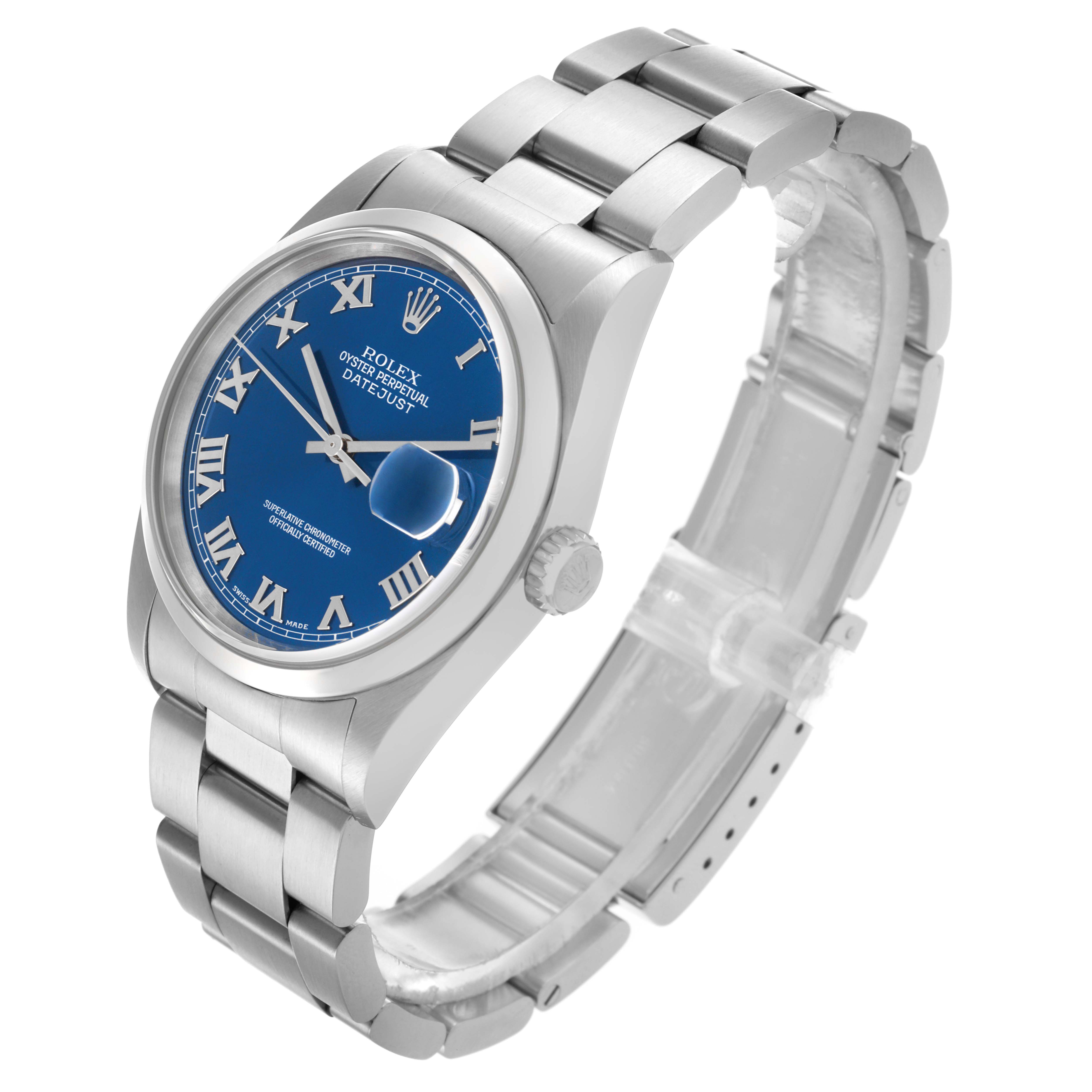 The Rolex Datejust 16200 Men
s Stainless Steel Blue Dial 16200 Men
s Stainless Steel Blue Dial watch is shown at an angle displaying the blue dial, case, crown, and partially open bracelet.