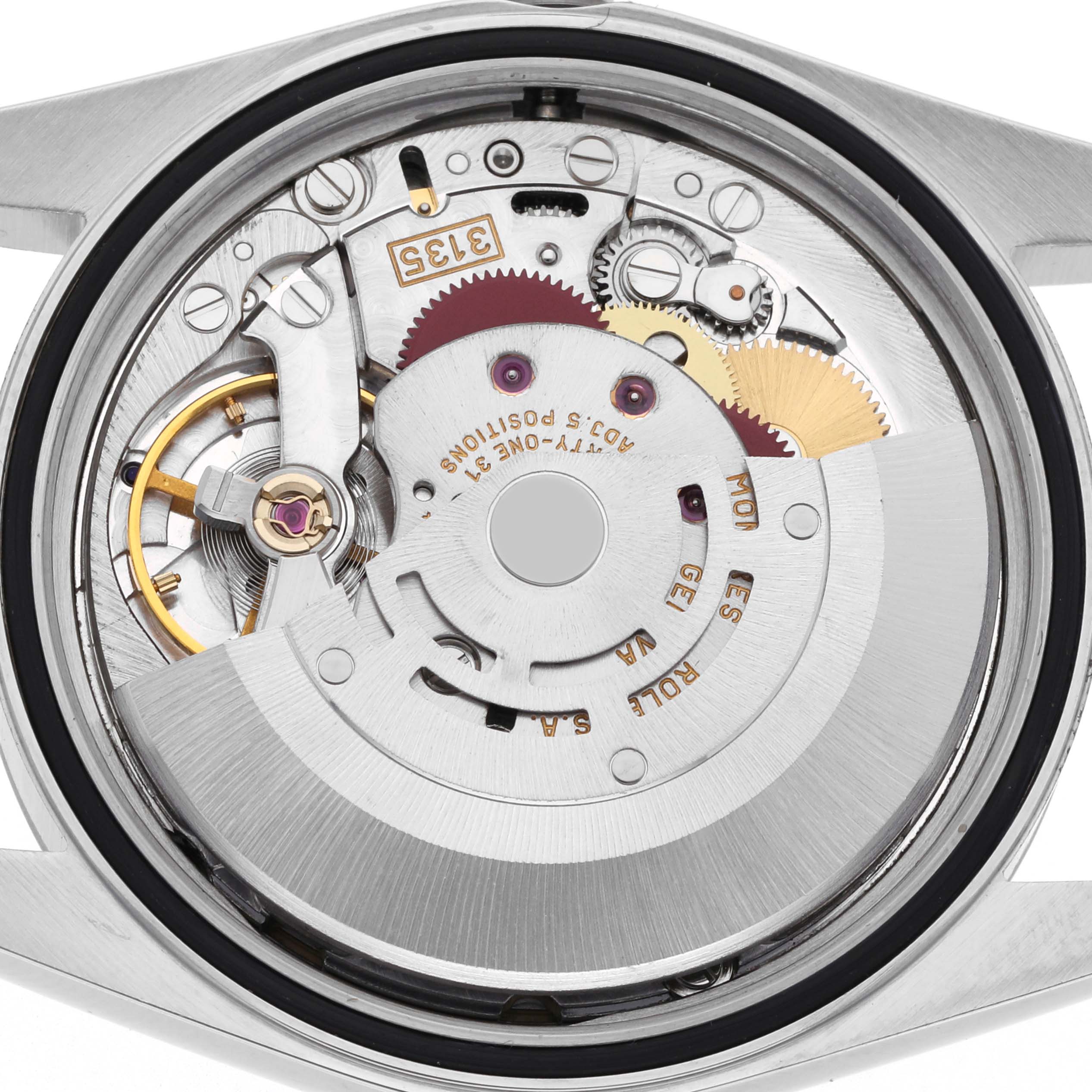 The image shows the movement and internal components of a Rolex Datejust 16200 Men
s Stainless Steel Blue Dial 16200 Men
s Stainless Steel Blue Dial watch from a rear angle.