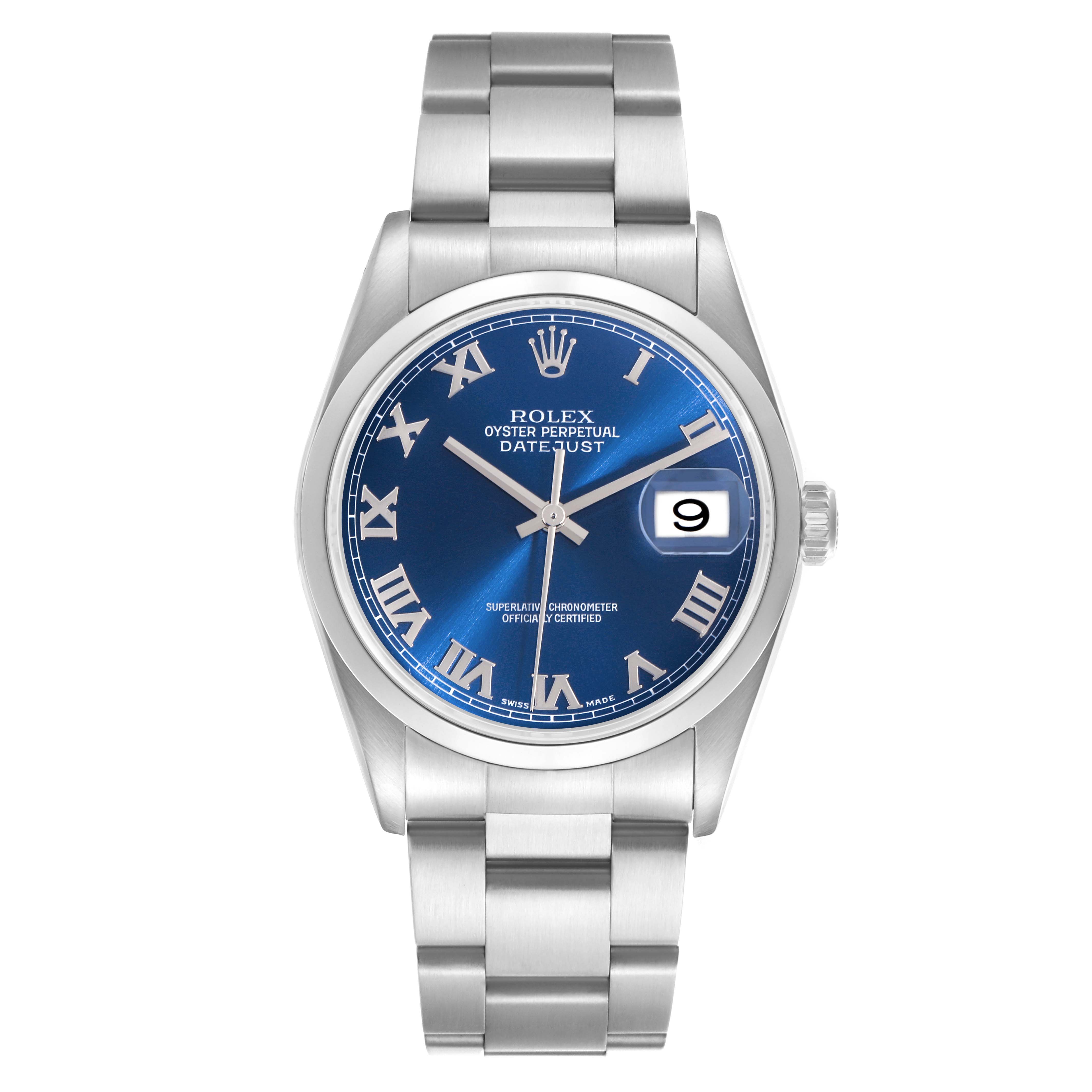 The Rolex Datejust 16200 Men
s Stainless Steel Blue Dial 16200 Men
s Stainless Steel Blue Dial watch is shown from a front angle, displaying its blue dial, Roman numerals, and stainless steel bracelet.