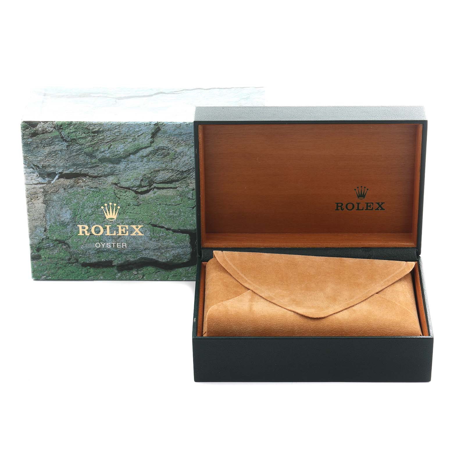 The image shows a Rolex Datejust 16200 Men
s Stainless Steel Blue Dial 16200 Men
s Stainless Steel Blue Dial watch box and an envelope-style pouch, viewed from the front.