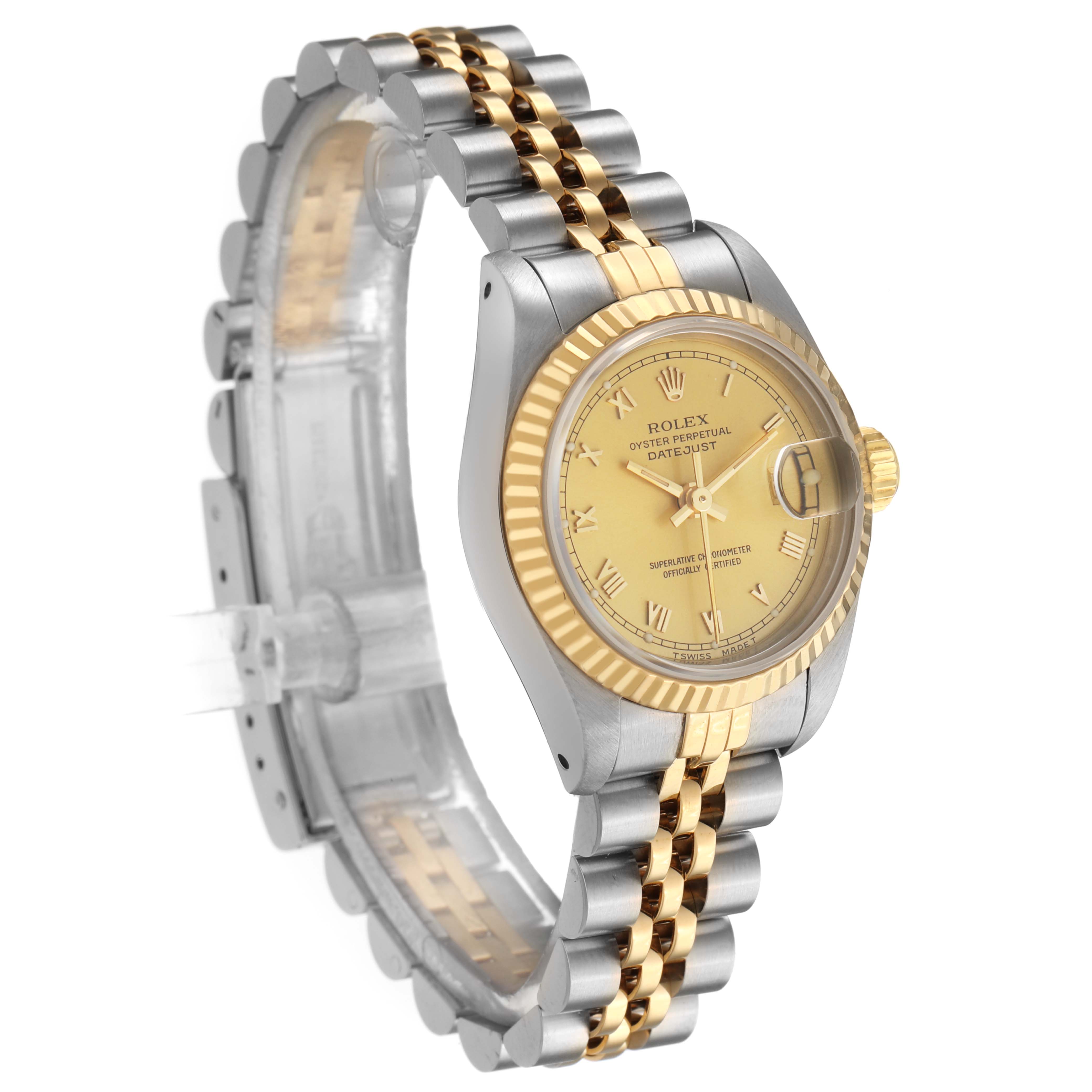 The Rolex Datejust 69173 Women's Stainless Steel Champagne Dial is shown at a slight angle, highlighting the dial, fluted bezel, crown, and two-tone bracelet.