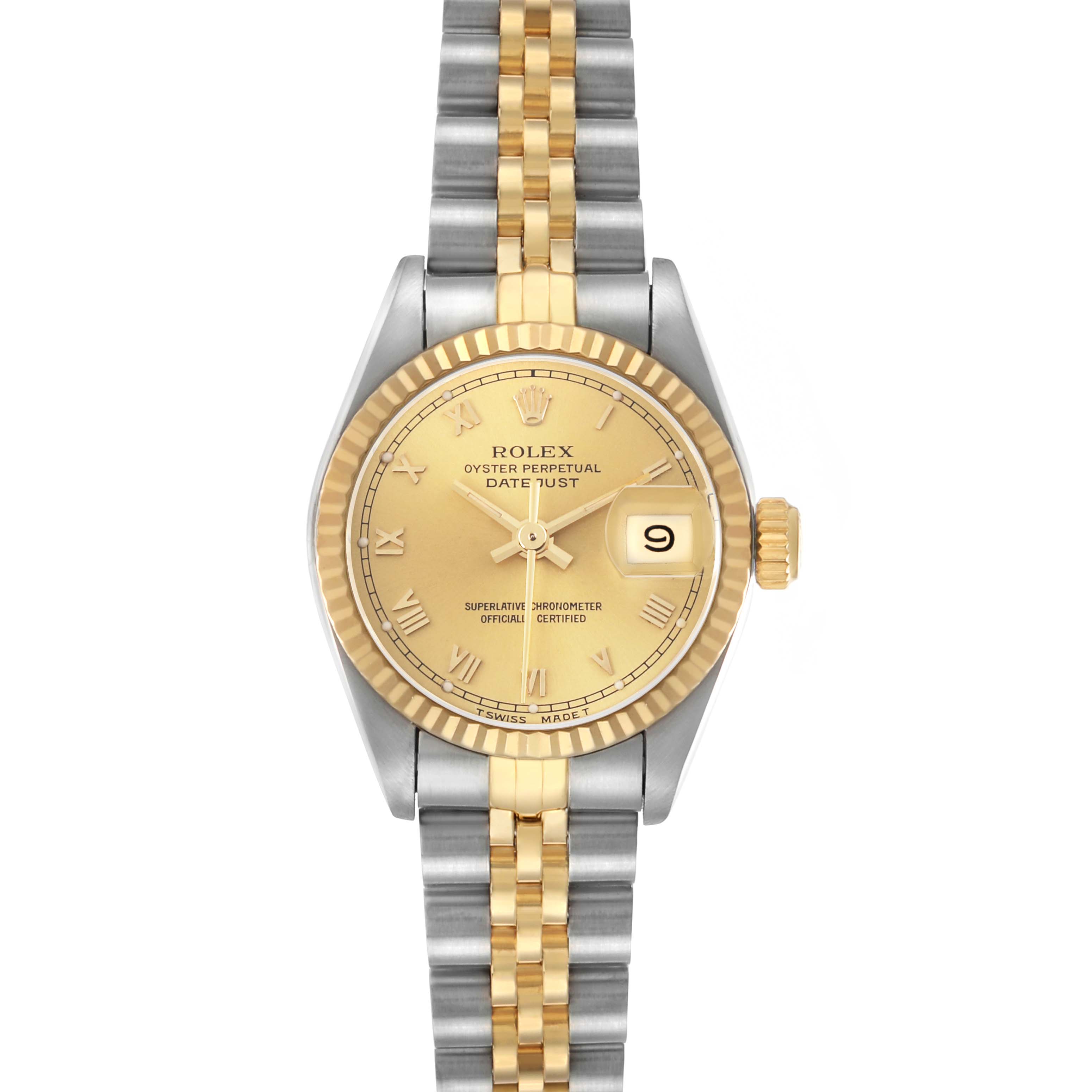 The Rolex Datejust 69173 Women's Stainless Steel Champagne Dial watch is shown from a top-down angle, displaying its gold dial, fluted bezel, and two-tone bracelet.