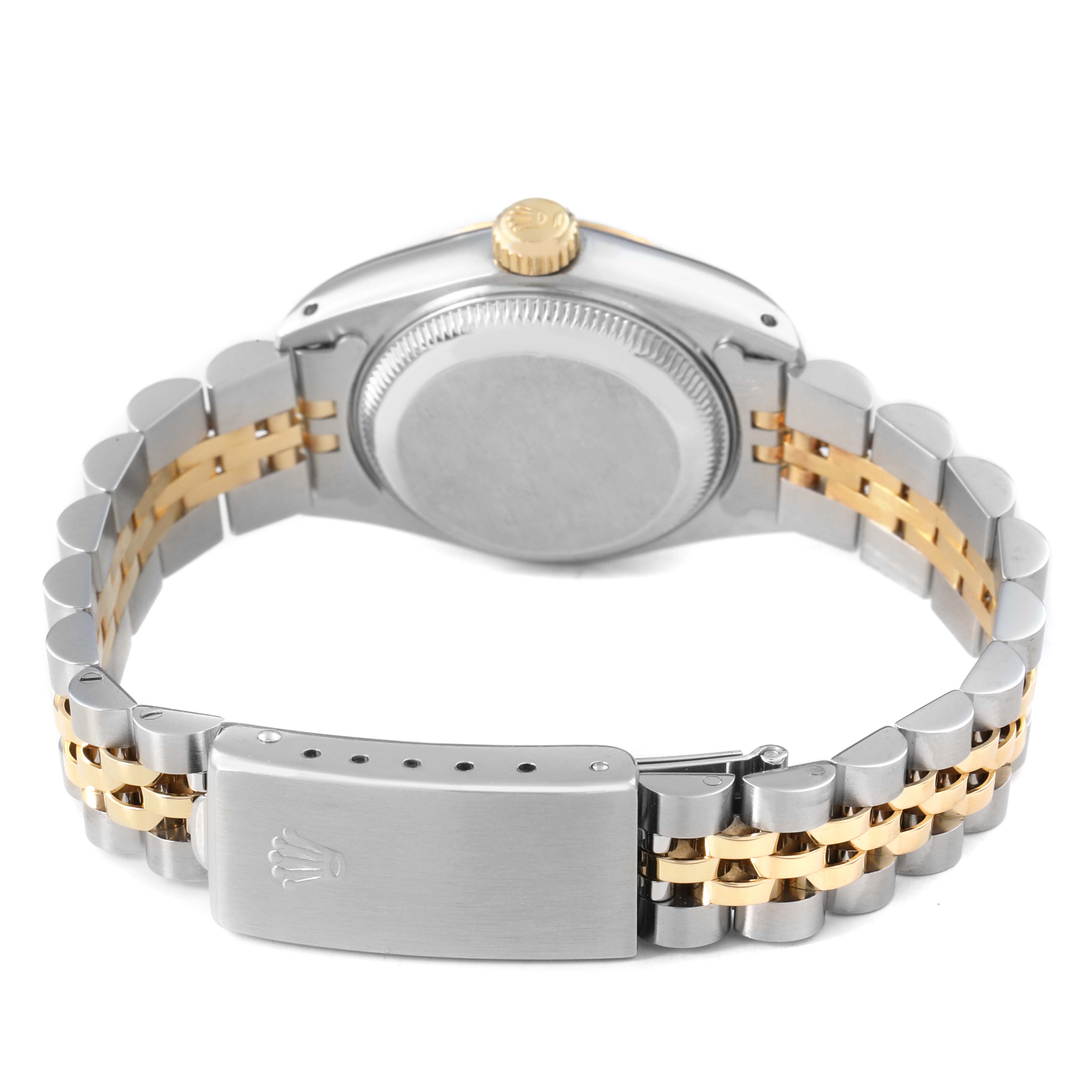 The image shows the back of a Rolex Datejust 69173 Women's Stainless Steel Champagne Dial watch, highlighting the bracelet and case back from a rear angle.