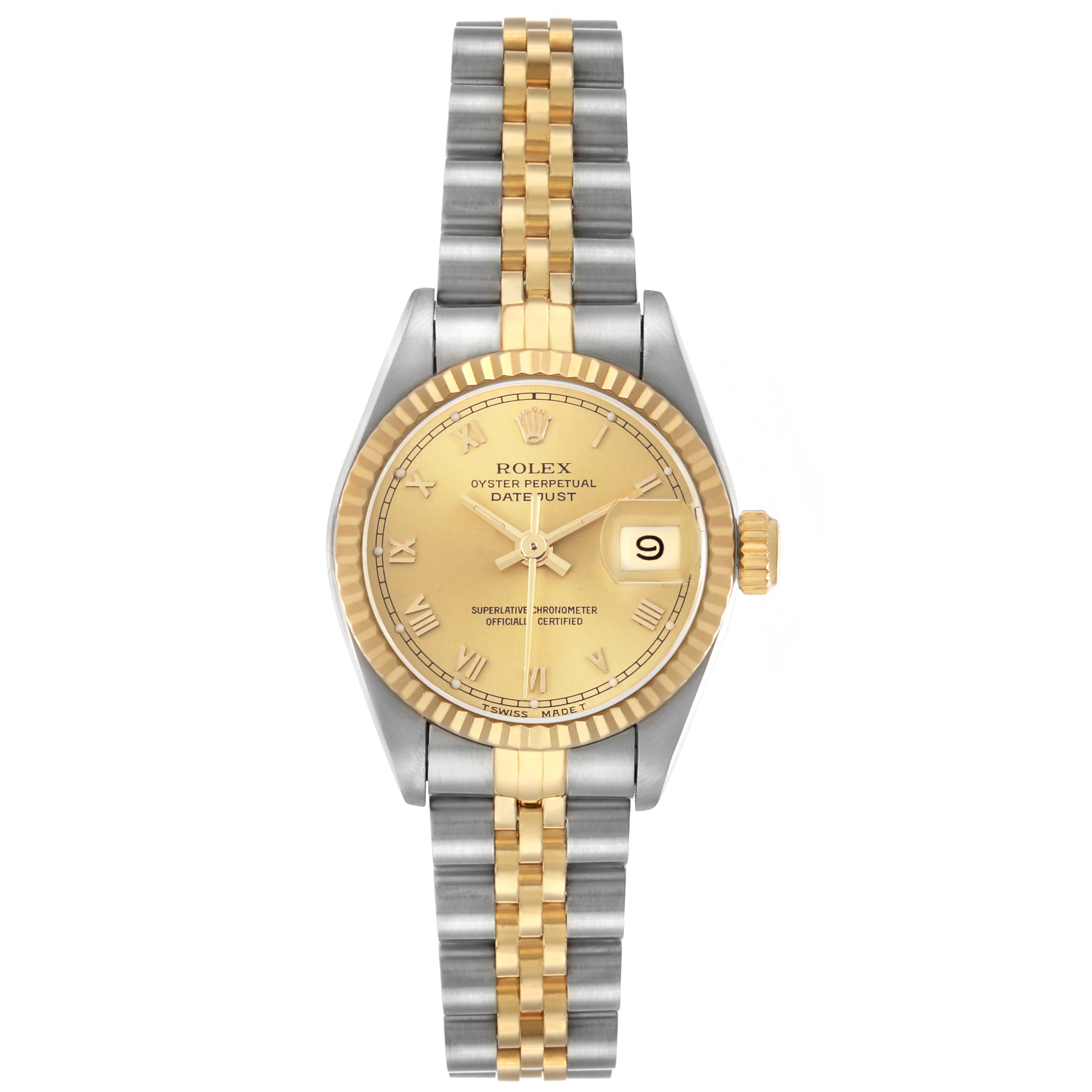 The Rolex Datejust 69173 Women's Stainless Steel Champagne Dial watch is shown from a top-down angle, displaying the dial, bezel, and bracelet.