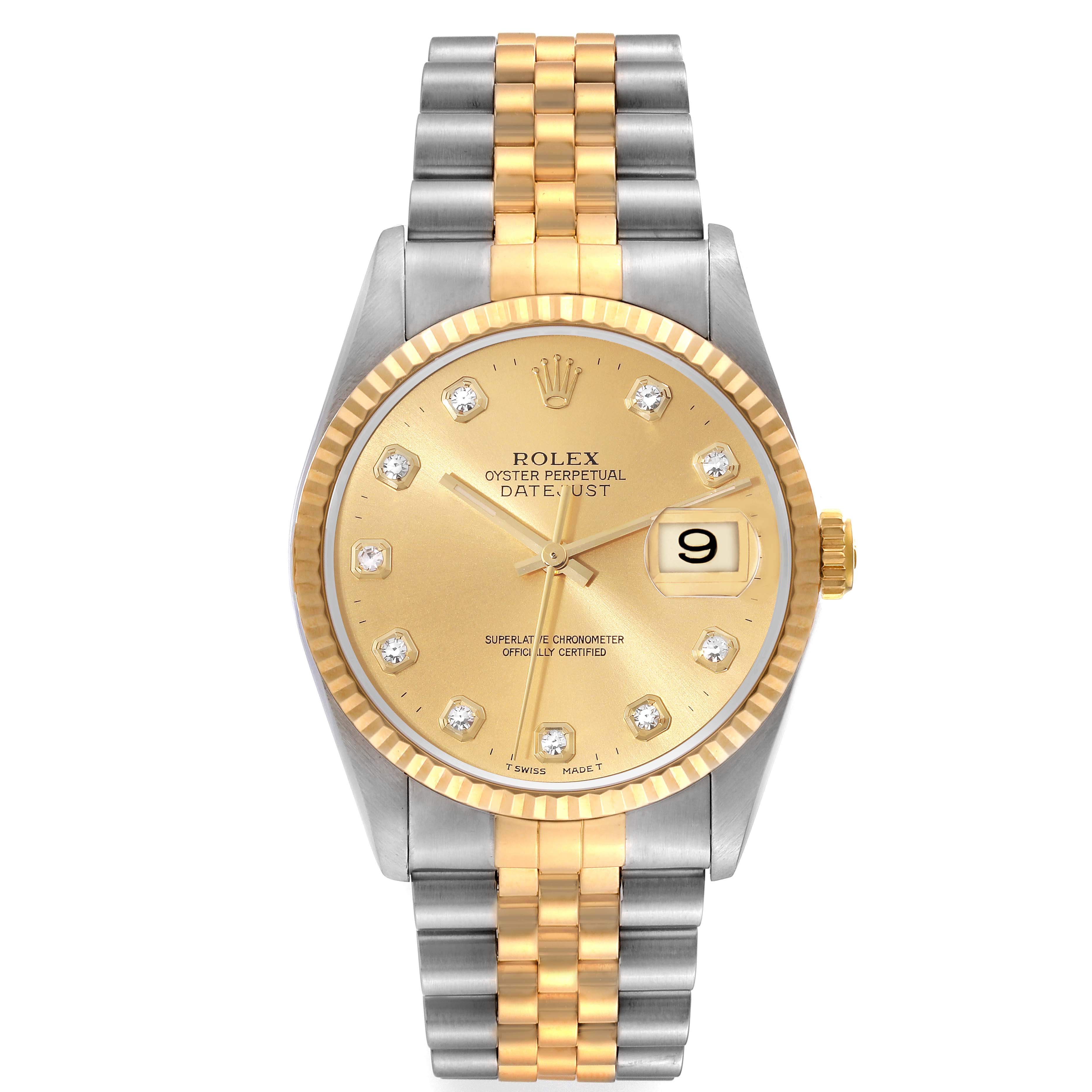 This is a frontal view of the Rolex Datejust 16233 Men's Steel and Gold (two tone) Champagne Dial 16233 Men's Steel and Gold (two tone) Champagne Dial watch, showcasing its gold and stainless steel Jubilee bracelet and champagne dial.