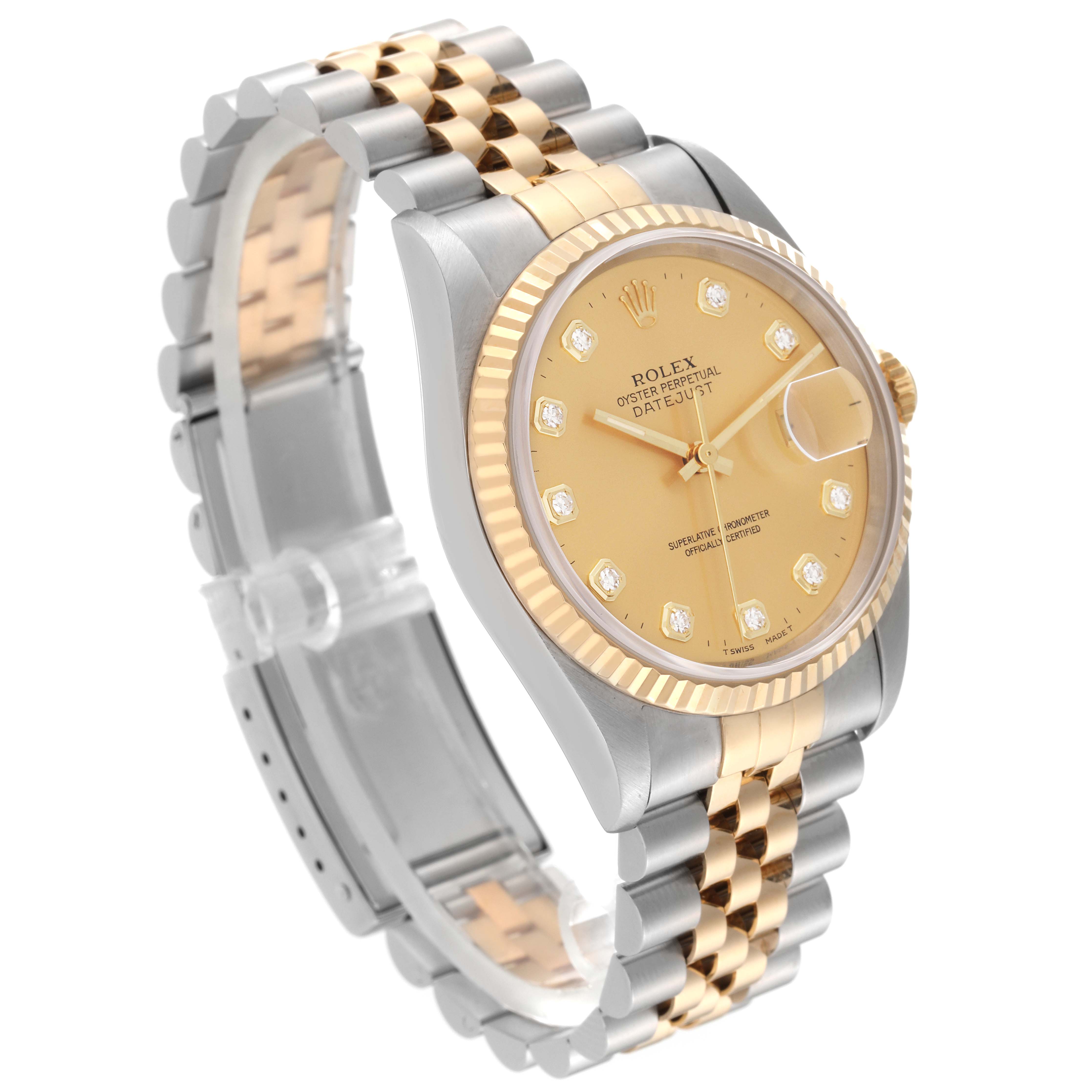 This image shows a Rolex Datejust 16233 Men's Steel and Gold (two tone) Champagne Dial 16233 Men's Steel and Gold (two tone) Champagne Dial watch from a three-quarter angle, highlighting its face, bezel, and two-tone bracelet.