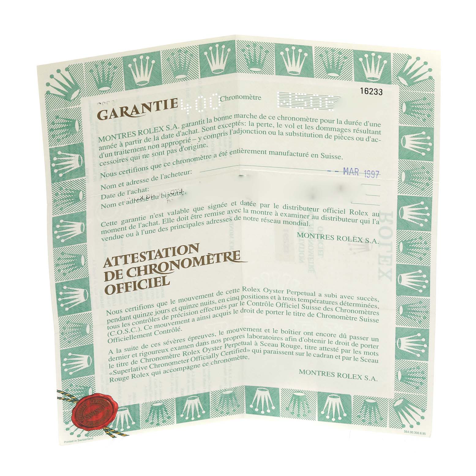 The image shows a warranty certificate for a Rolex Datejust 16233 Men's Steel and Gold (two tone) Champagne Dial 16233 Men's Steel and Gold (two tone) Champagne Dial model watch, including the brand logo and official chronometer certification.