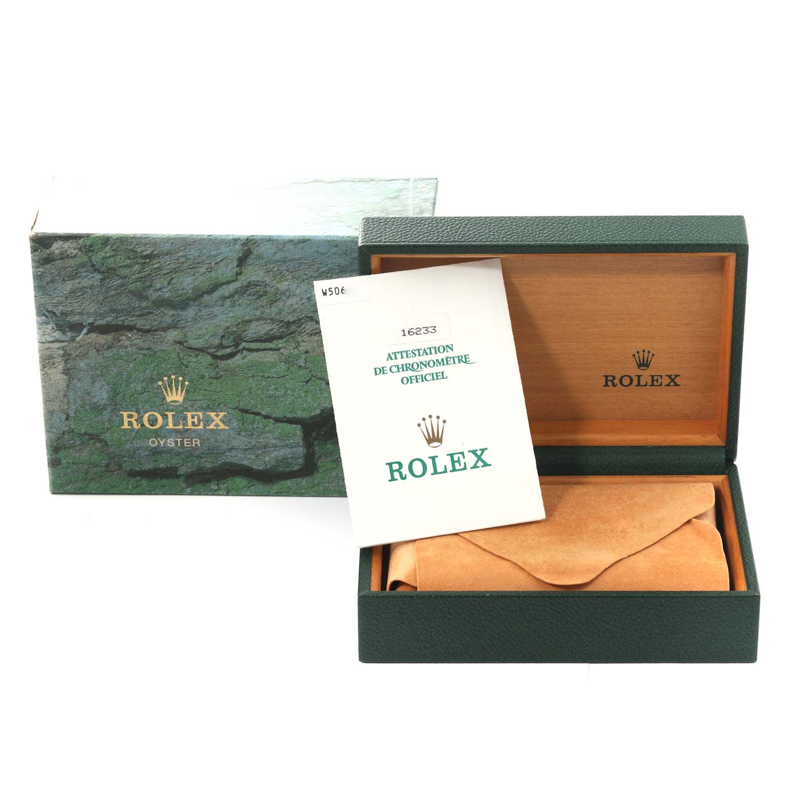 The image shows the packaging and documentation for a Rolex Datejust 16233 Men's Steel and Gold (two tone) Champagne Dial 16233 Men's Steel and Gold (two tone) Champagne Dial watch, including the outer box, inner box, and certificate.