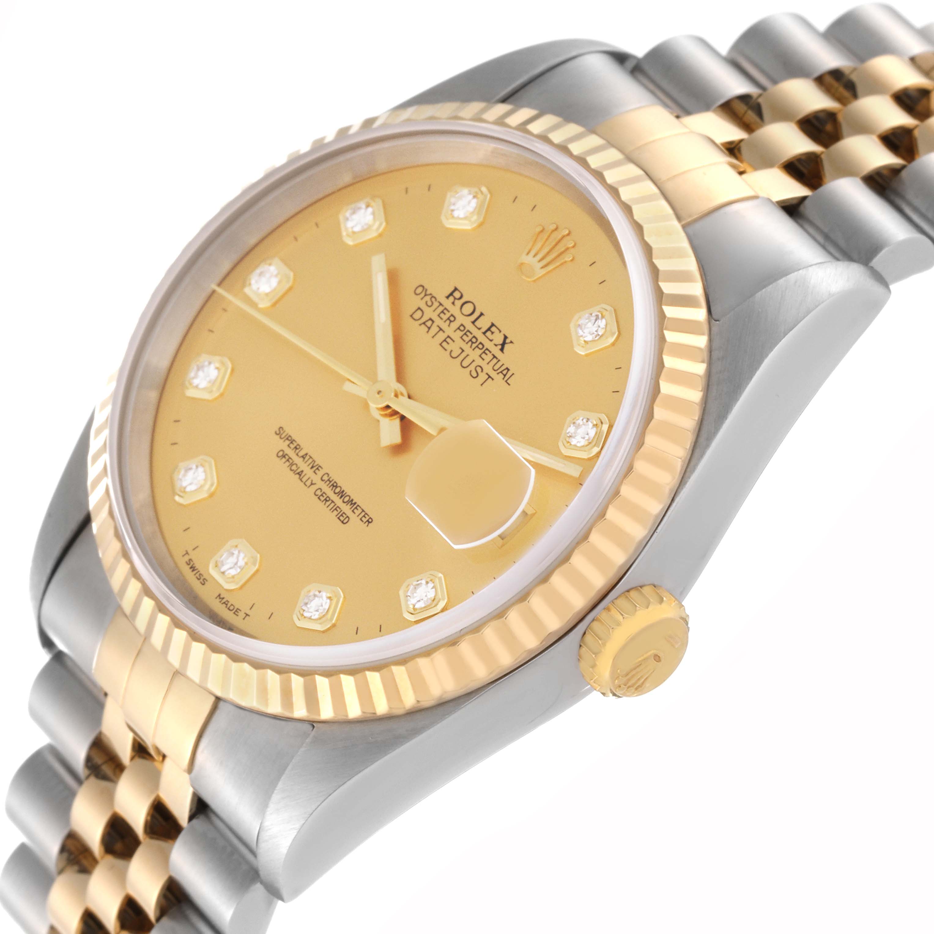 The image shows a close-up angle of a Rolex Datejust 16233 Men's Steel and Gold (two tone) Champagne Dial 16233 Men's Steel and Gold (two tone) Champagne Dial watch, displaying its face, bezel, crown, and part of the bracelet.
