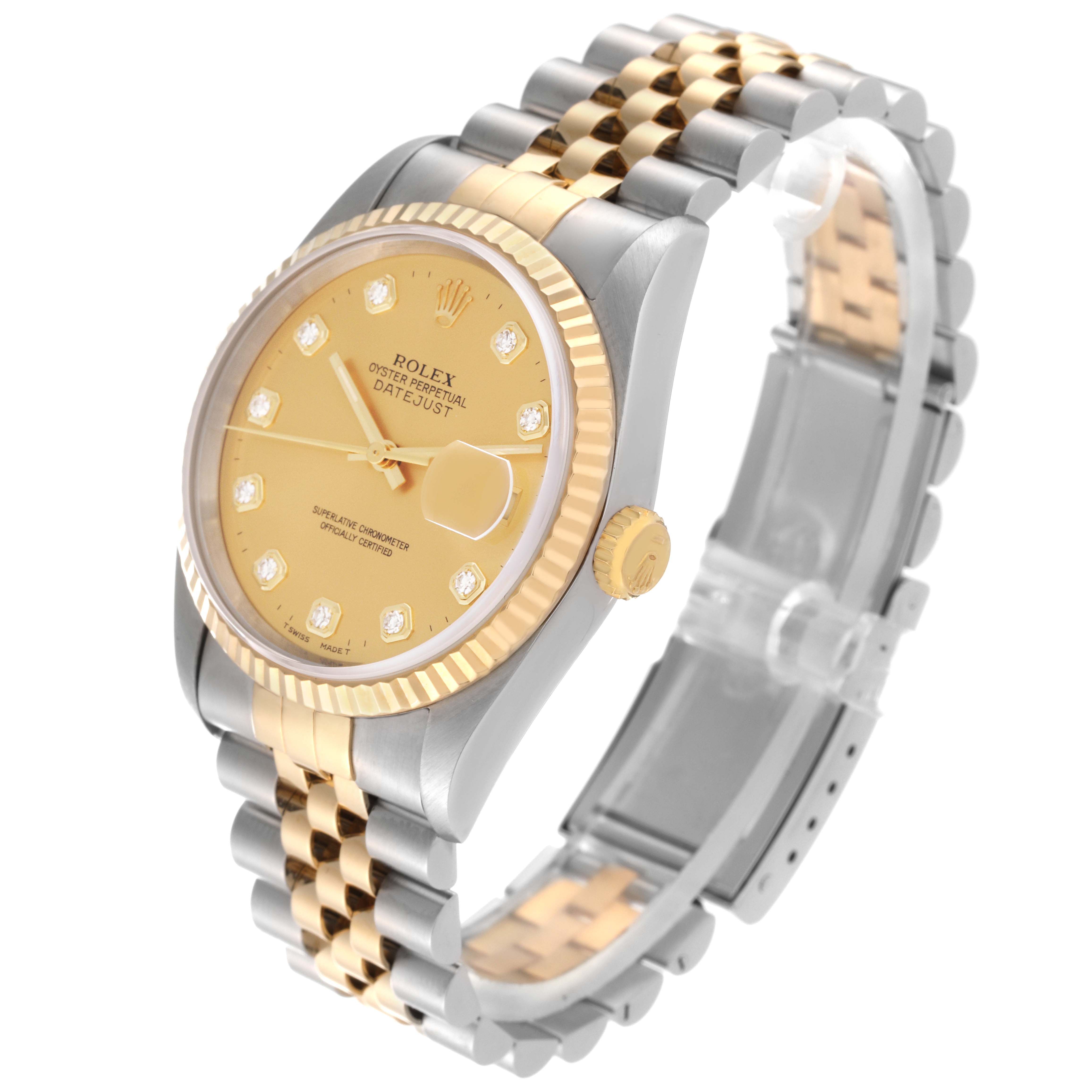 The image shows a Rolex Datejust 16233 Men's Steel and Gold (two tone) Champagne Dial 16233 Men's Steel and Gold (two tone) Champagne Dial watch at a three-quarter angle, highlighting the face, bezel, crown, and part of the bracelet.