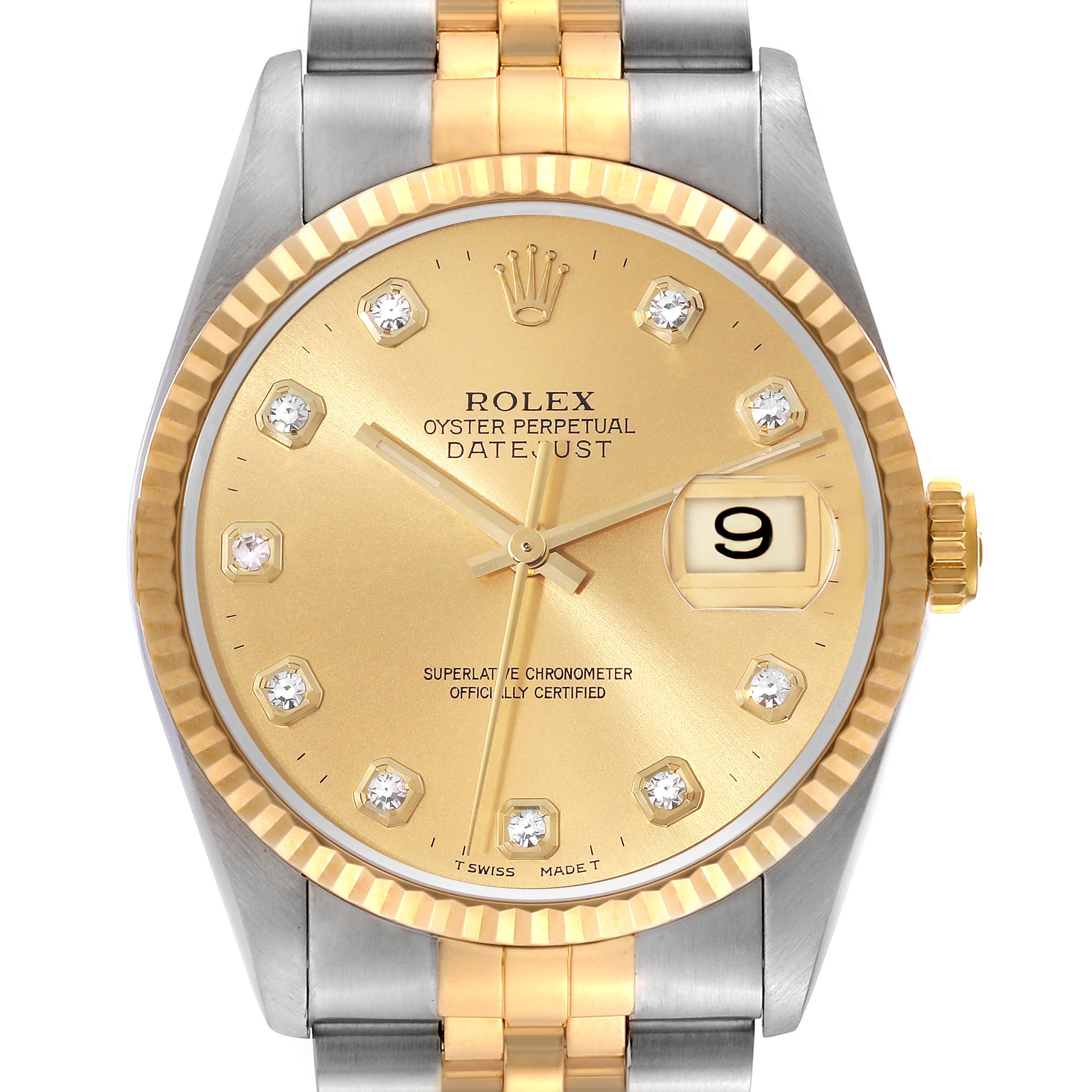 This is a front-facing view of a Rolex Datejust 16233 Men's Steel and Gold (two tone) Champagne Dial 16233 Men's Steel and Gold (two tone) Champagne Dial watch, showing the dial, hands, date window, and part of the bracelet.