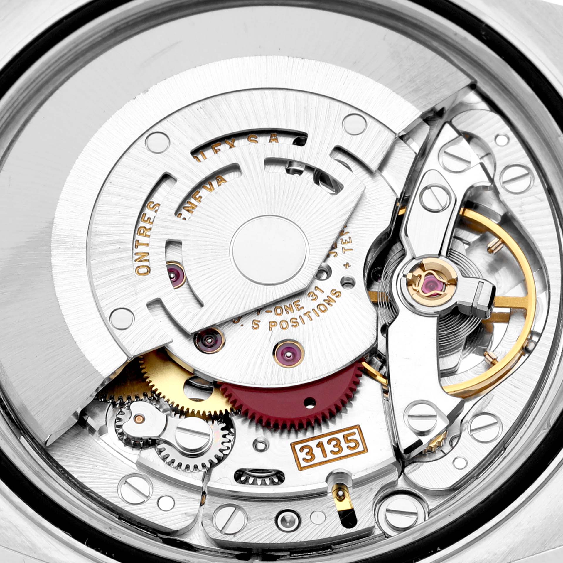 This close-up image shows the intricate inner mechanical movement of a Rolex Datejust 16233 Men's Stainless Steel Champagne Dial 16233 Men's Stainless Steel Champagne Dial watch, showcasing gears and components.