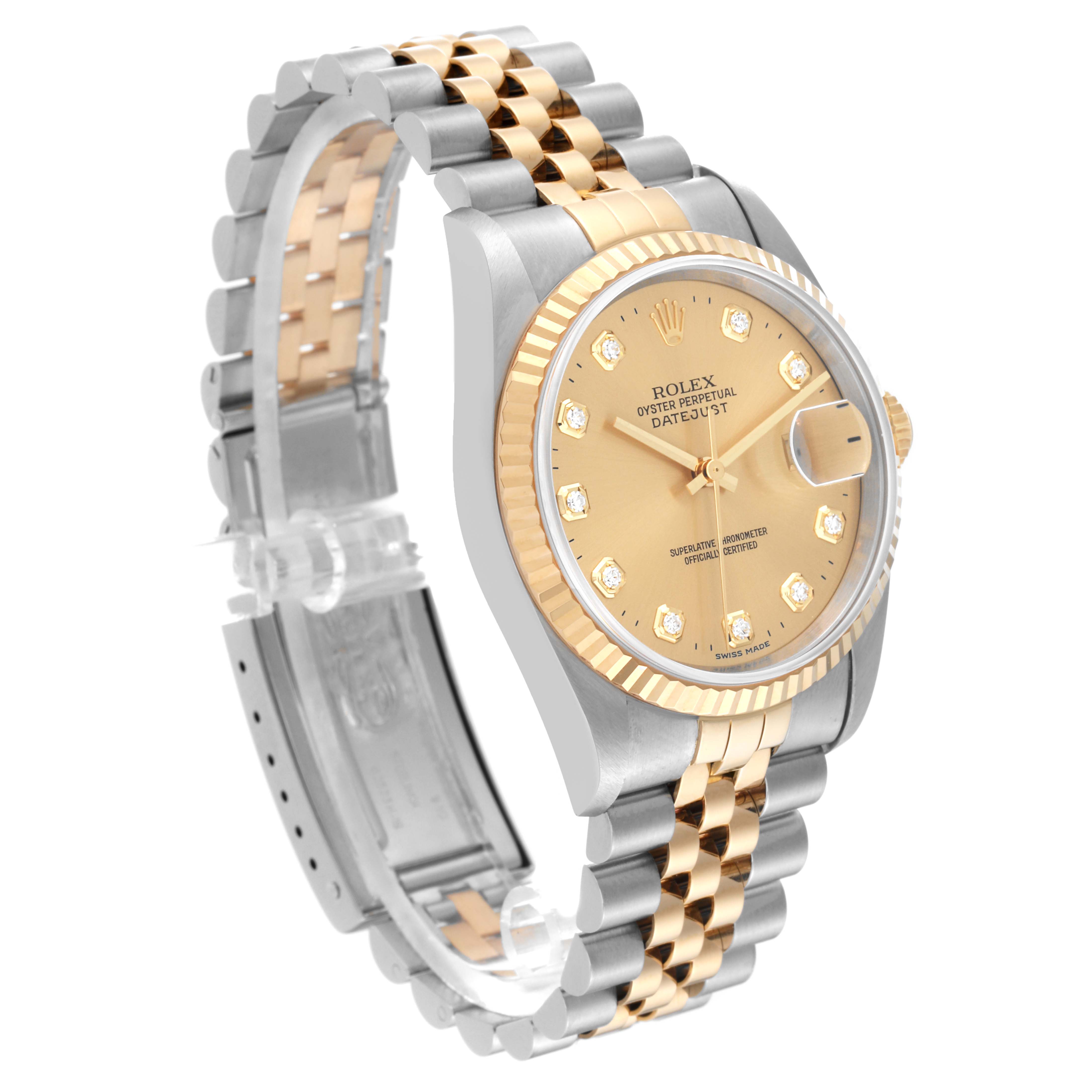 The image shows a side angle of a Rolex Datejust 16233 Men's Stainless Steel Champagne Dial 16233 Men's Stainless Steel Champagne Dial watch featuring a two-tone bracelet, champagne dial, and diamond hour markers.