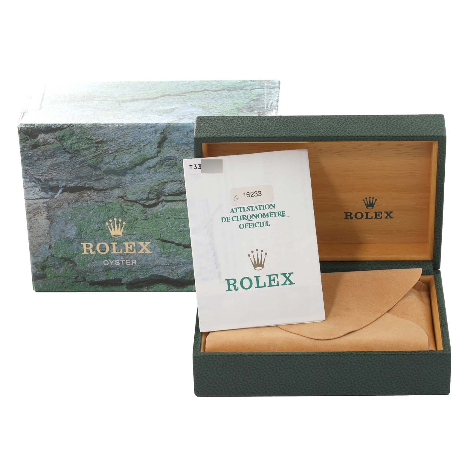 The image shows the packaging and certificate for a Rolex Datejust 16233 Men's Stainless Steel Champagne Dial 16233 Men's Stainless Steel Champagne Dial, including the outer box, inner box, and official chronometer certification.