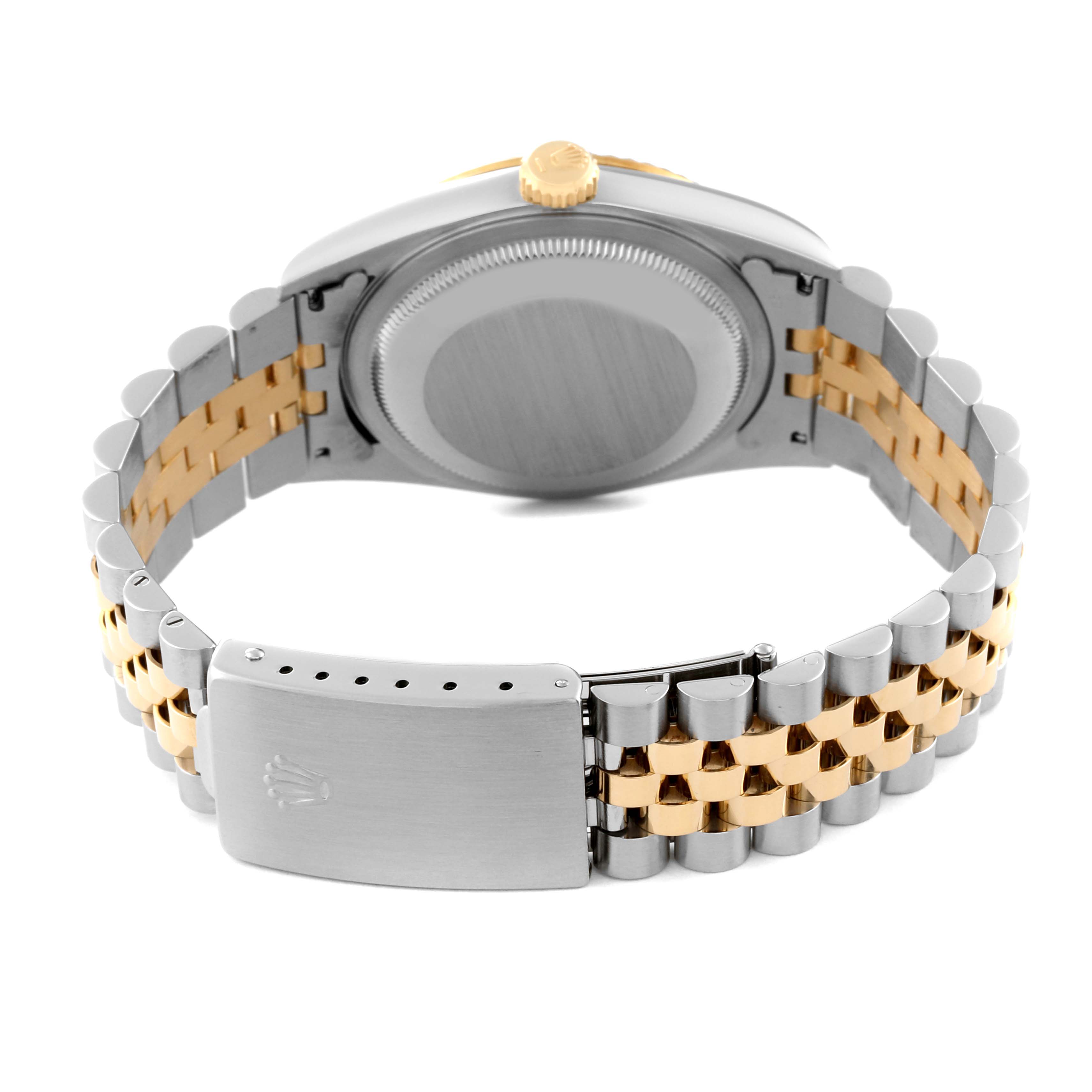 The image shows the back of a Rolex Datejust 16233 Men's Stainless Steel Champagne Dial 16233 Men's Stainless Steel Champagne Dial model, highlighting the two-tone bracelet and clasp.