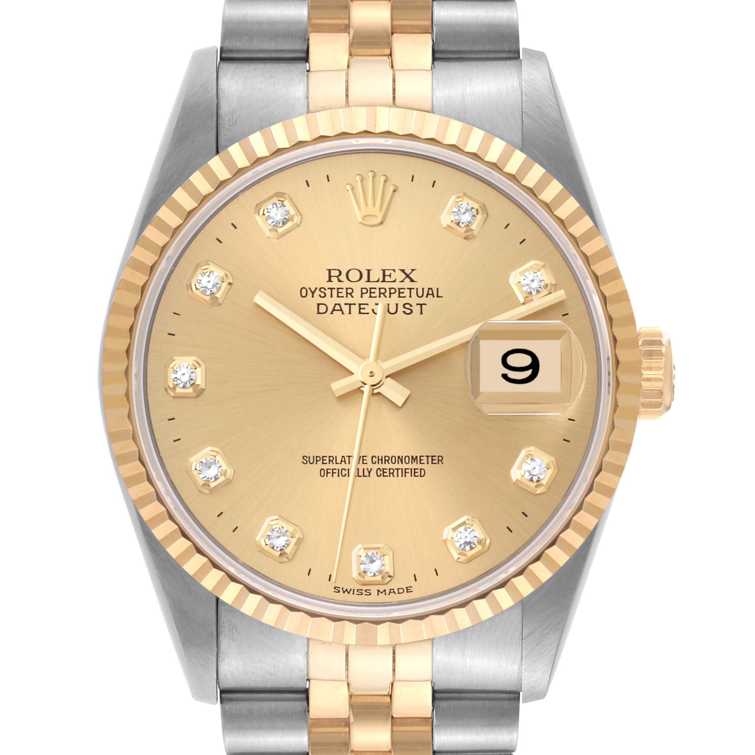 The image shows a frontal view of a Rolex Datejust 16233 Men's Stainless Steel Champagne Dial 16233 Men's Stainless Steel Champagne Dial watch, displaying the face, bezel, and part of the bracelet.