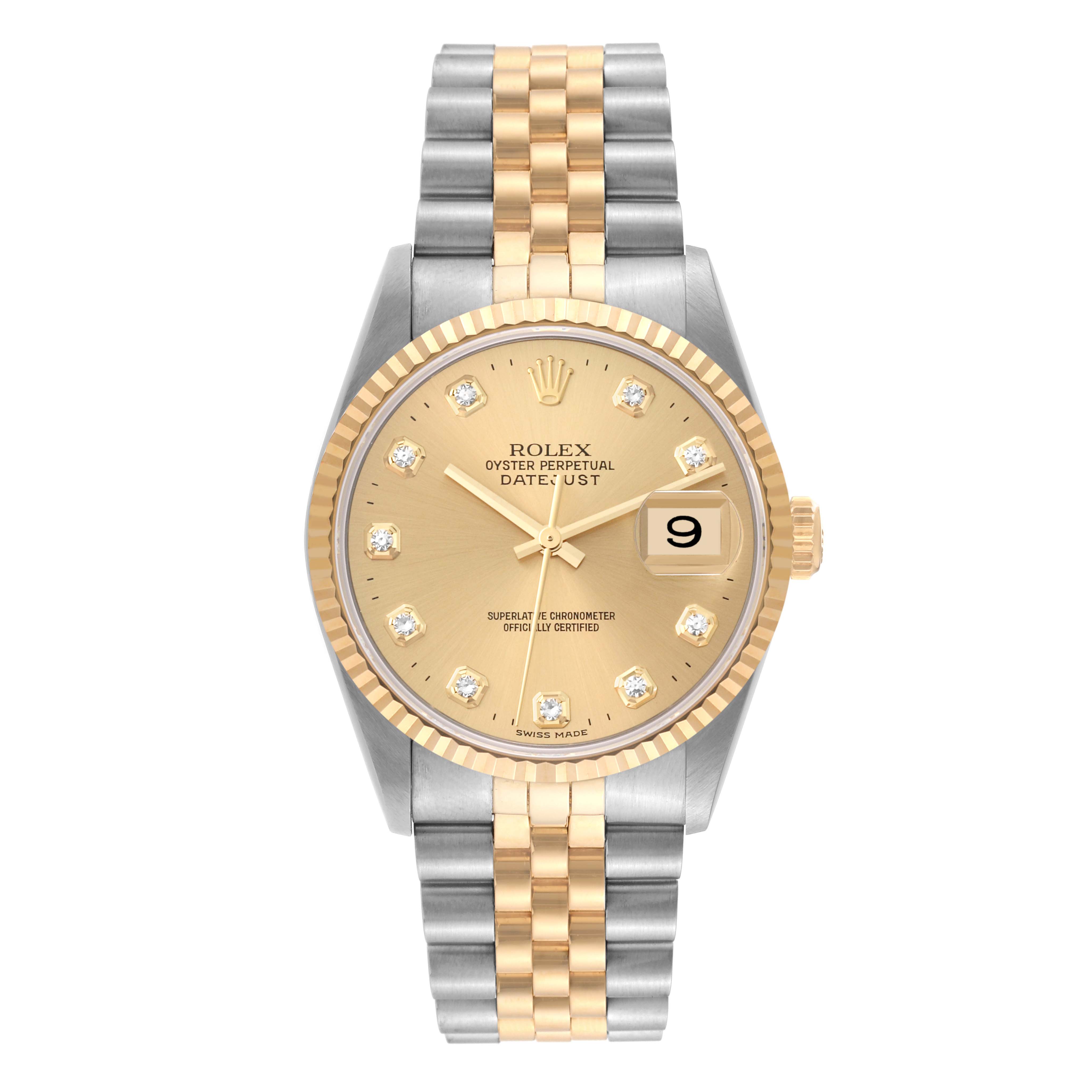 The image shows a Rolex Datejust 16233 Men's Stainless Steel Champagne Dial 16233 Men's Stainless Steel Champagne Dial watch from a front angle, highlighting its face, bezel, and two-tone strap.