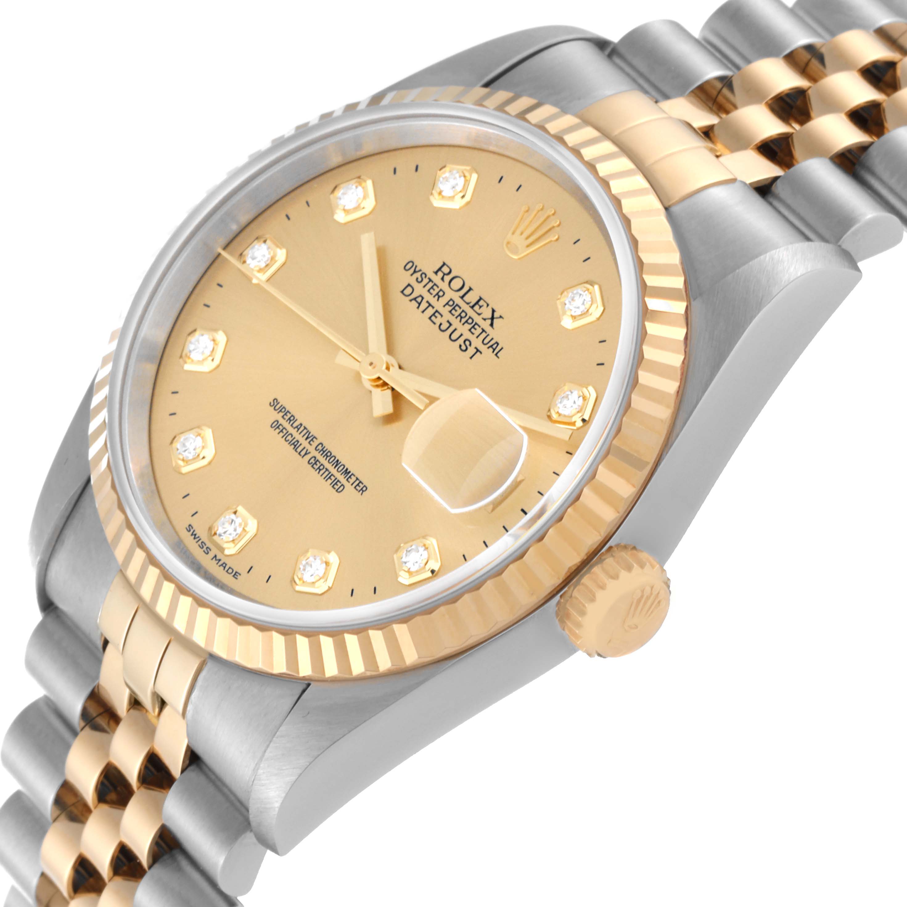 This image shows a close-up angled view of the face, bezel, and part of the bracelet of the Rolex Datejust 16233 Men's Stainless Steel Champagne Dial 16233 Men's Stainless Steel Champagne Dial watch.
