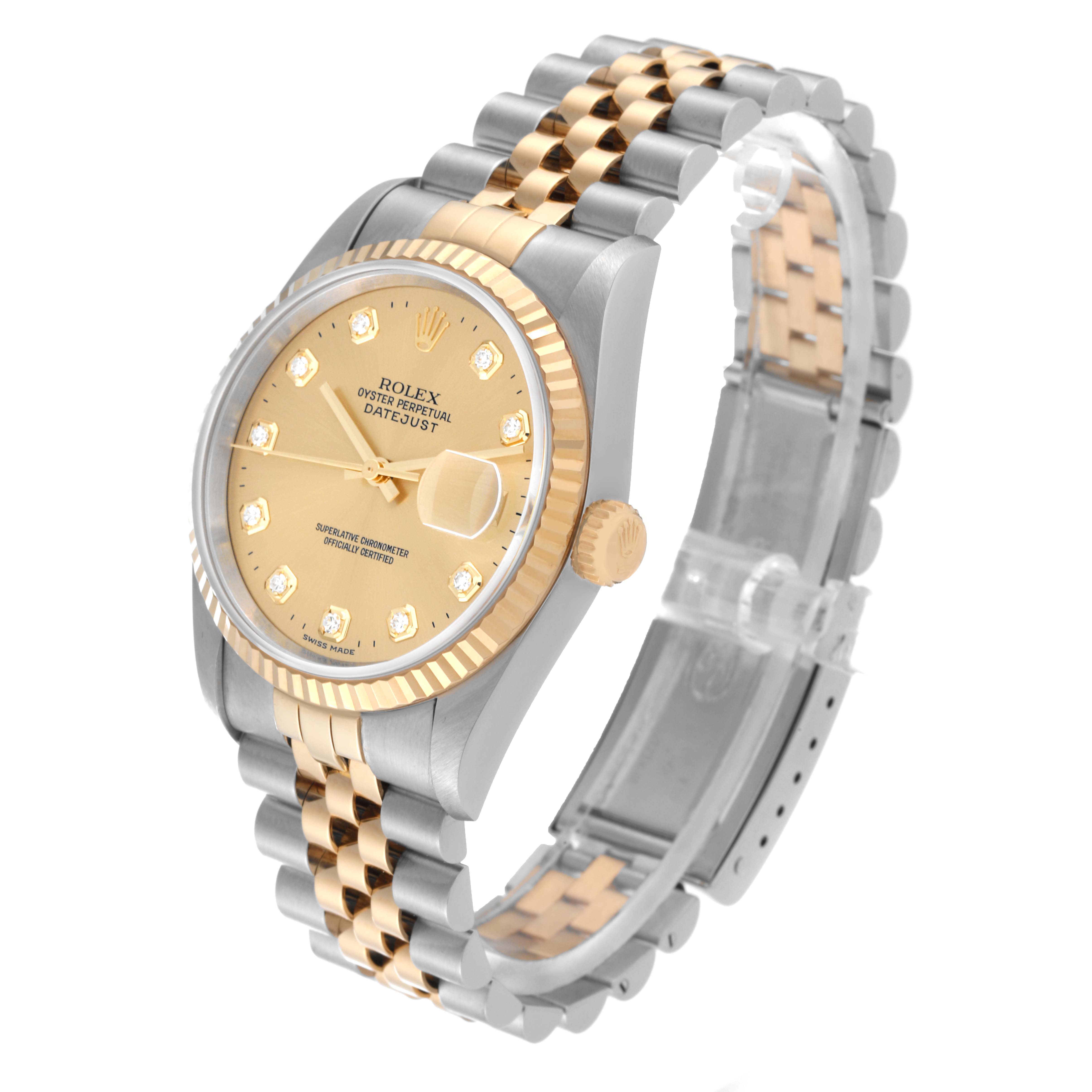 The Rolex Datejust 16233 Men's Stainless Steel Champagne Dial 16233 Men's Stainless Steel Champagne Dial watch is shown at a three-quarter angle, displaying the dial, bezel, crown, and bracelet.