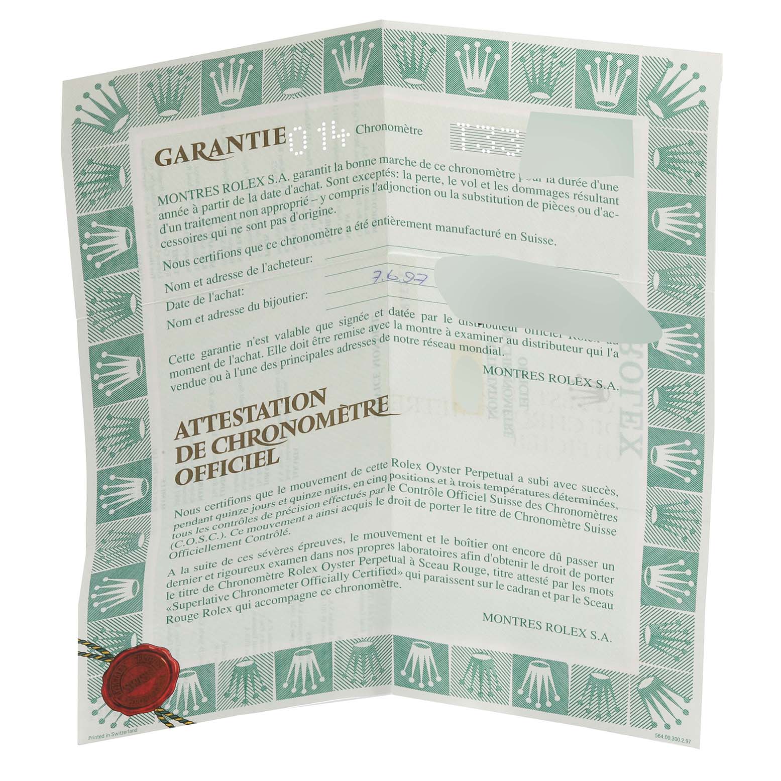 The image shows a folded certificate for a Rolex Datejust 16233 Men's Stainless Steel Champagne Dial 16233 Men's Stainless Steel Champagne Dial watch, detailing warranty information and official chronometer certification.