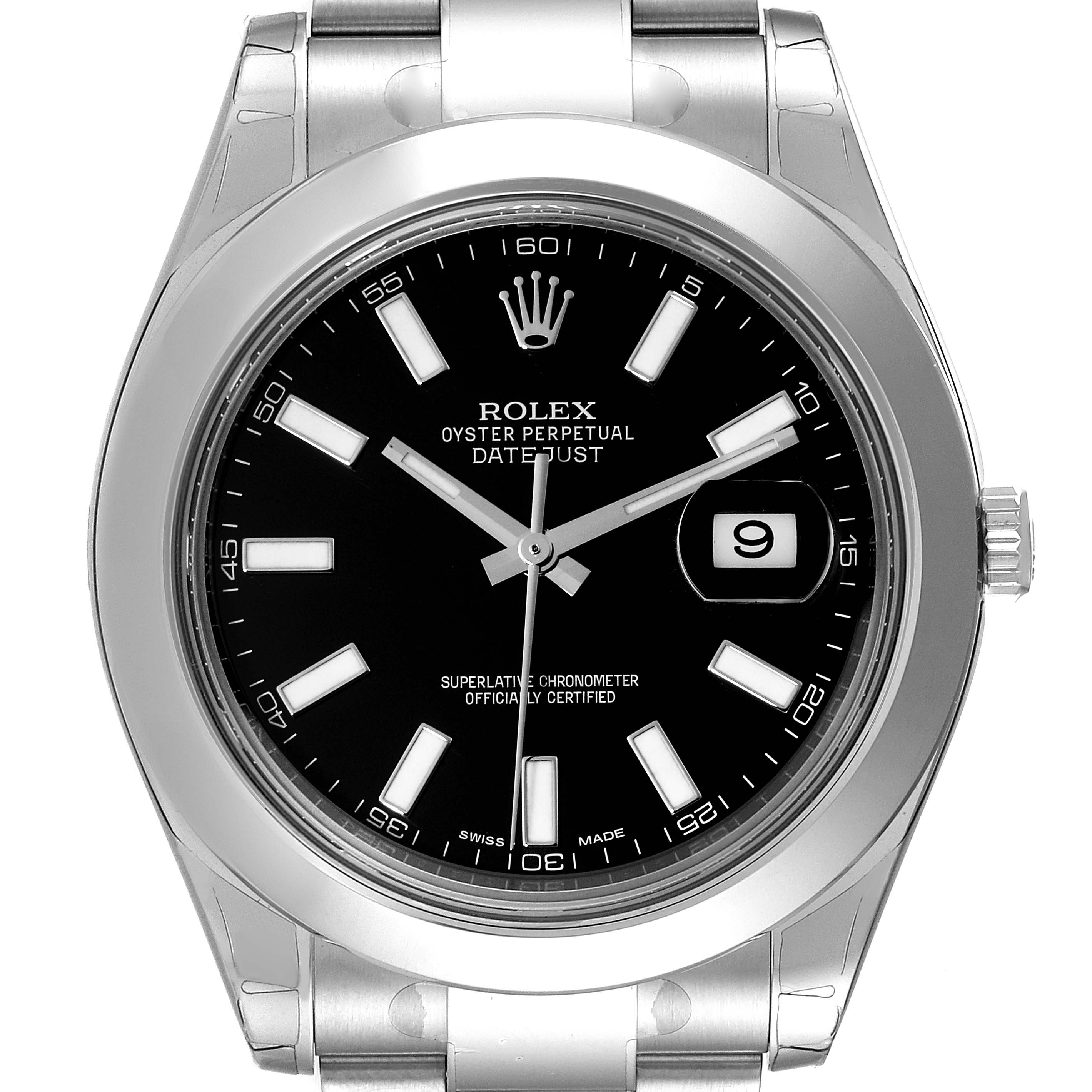 The image shows a front view of a Rolex Datejust 41 116300 Men
s Stainless Steel Black Dial 116300 Men
s Stainless Steel Black Dial watch, highlighting its black dial, luminescent markers, and silver bracelet.