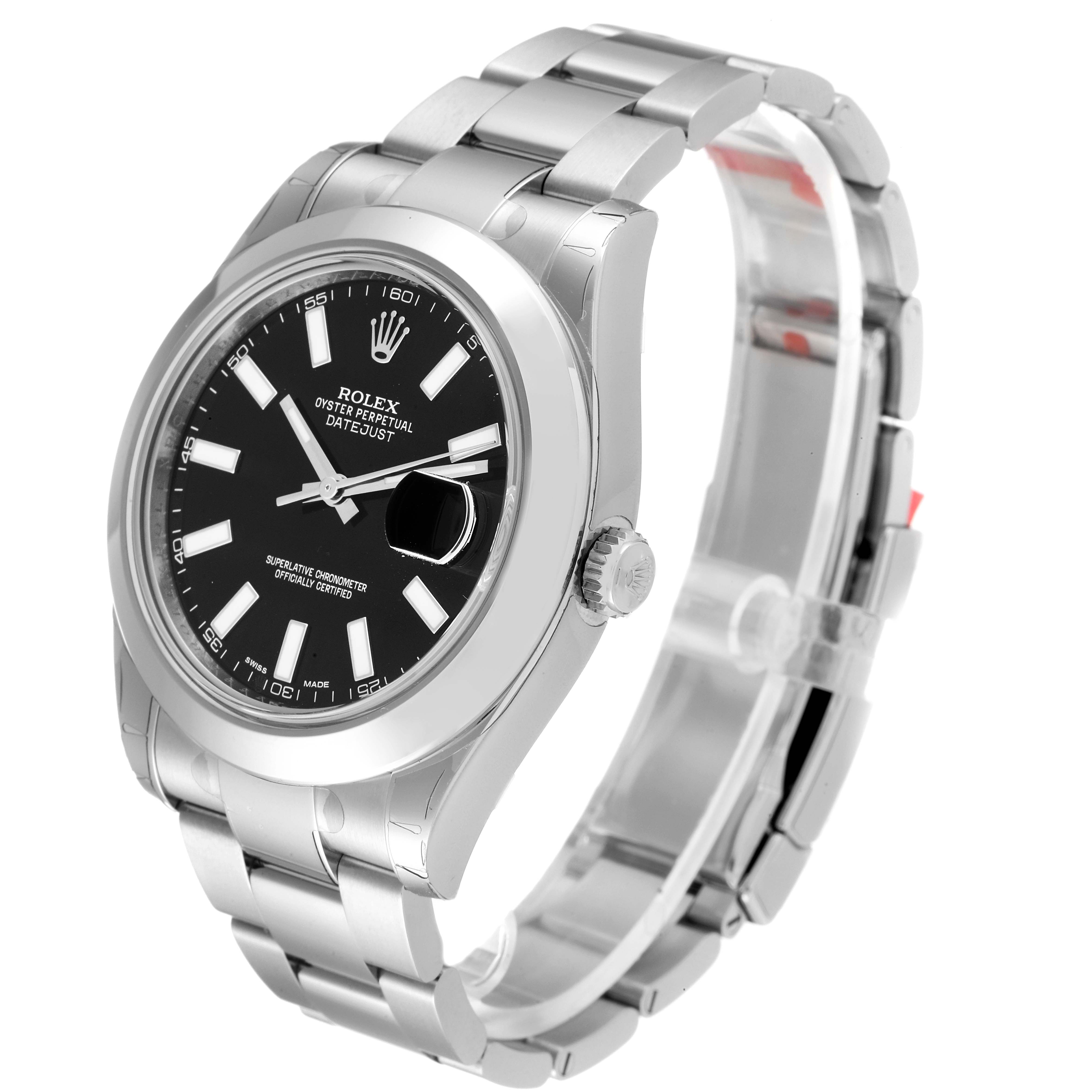 The image shows a Rolex Datejust 41 116300 Men
s Stainless Steel Black Dial 116300 Men
s Stainless Steel Black Dial watch viewed at an angle that highlights the face, bezel, crown, and bracelet.