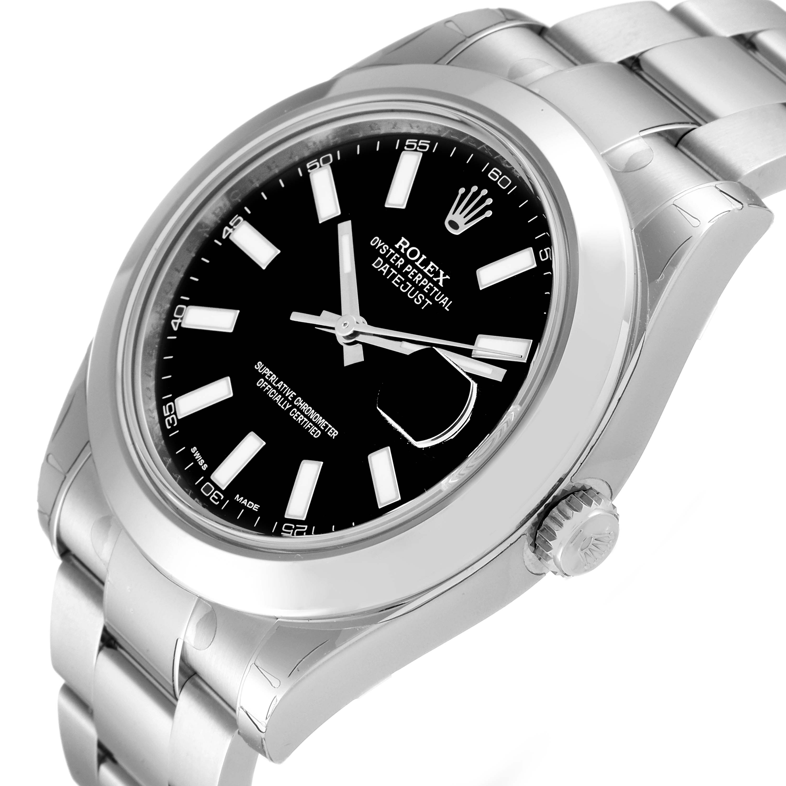 This image features a Rolex Datejust 41 116300 Men
s Stainless Steel Black Dial 116300 Men
s Stainless Steel Black Dial watch shown from an angled view, highlighting the dial, bezel, and crown.